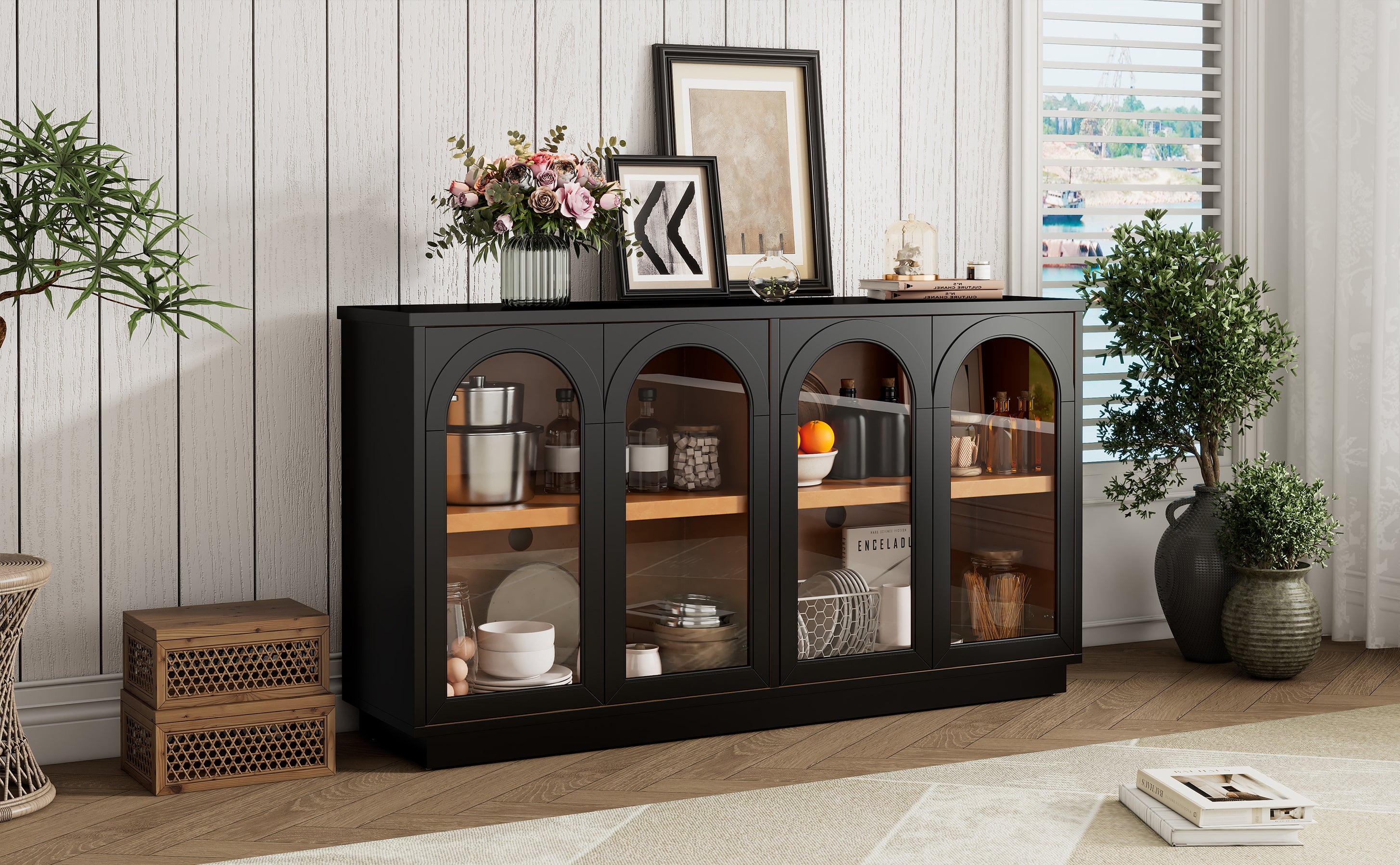 TREXM 4-Door Large Storage Buffet Cabinet with Glass Doors, Arched Cabinet with Adjustable Shelves for Kitchen, Dining Room and Living Room (Black) - Grand Goldman Shop