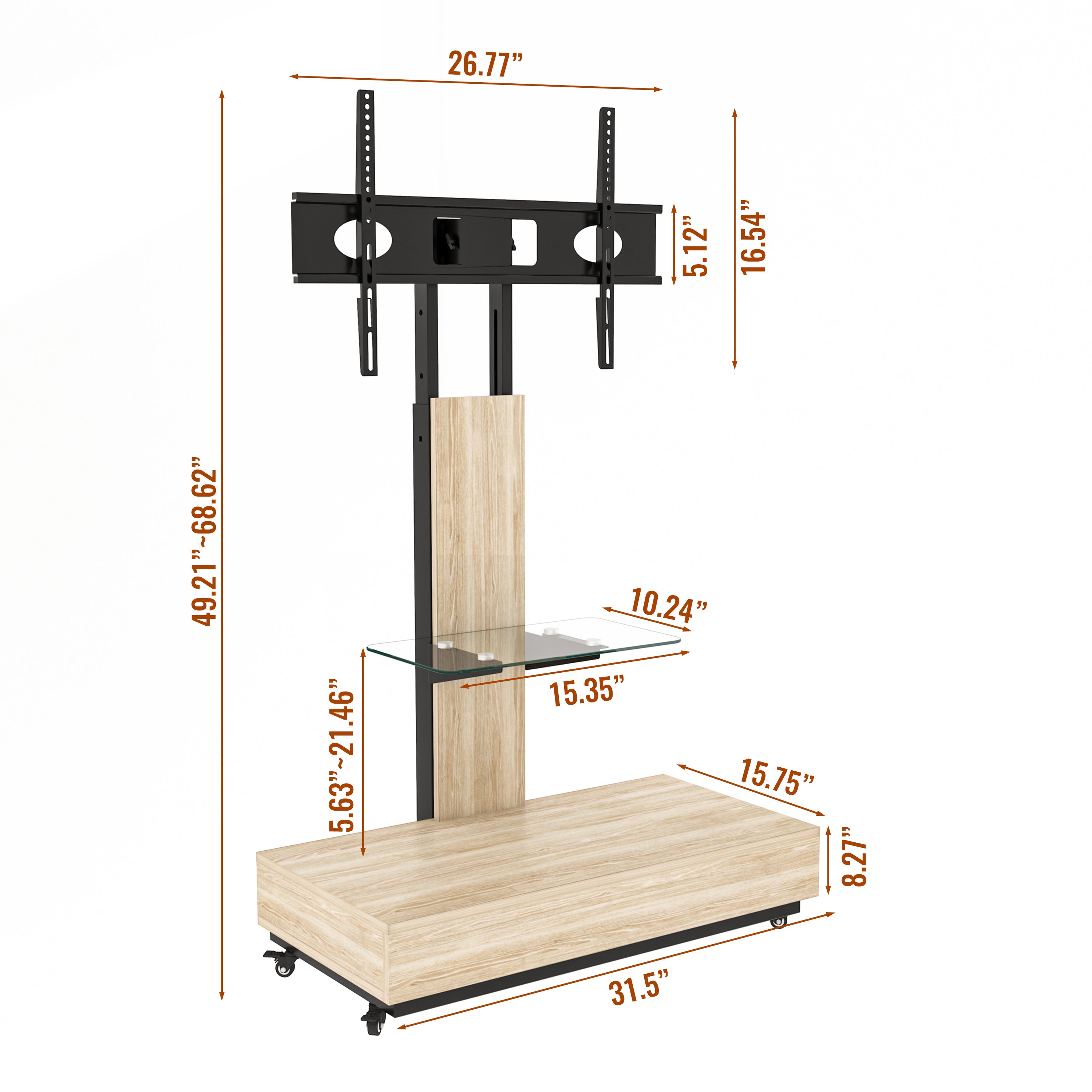 Natural Adjustable Height Mobile TV Cart with Push-Pull Drawer for 32-75 Inches, Wood & Glass TV Stand with Wheels - Grand Goldman Shop