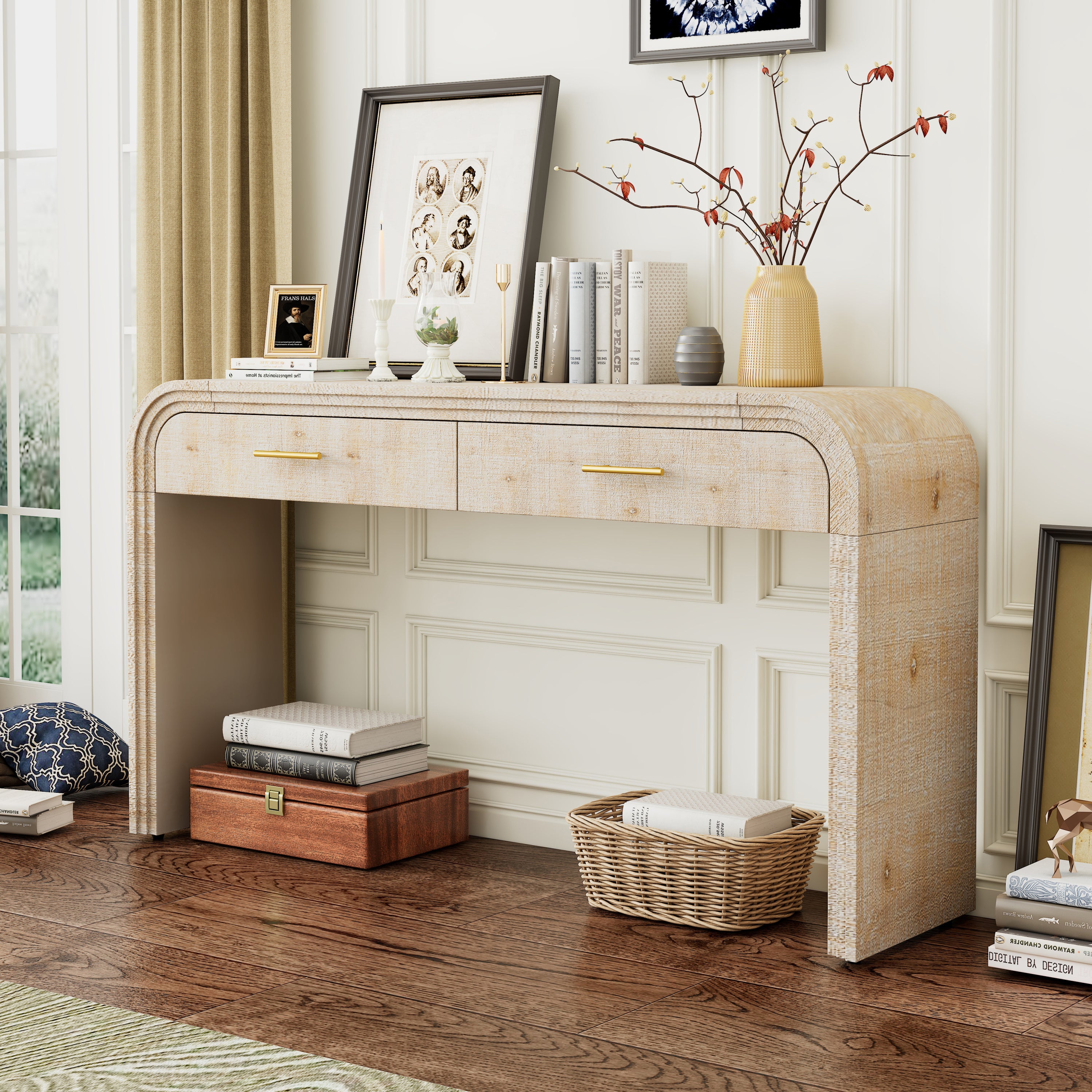 TREXM Unique Retro Silhouette Console Table with Open Style, Two Top Drawers for Entrance, Dinning Room, Living Room (Natural Wood Wash) - Grand Goldman Shop