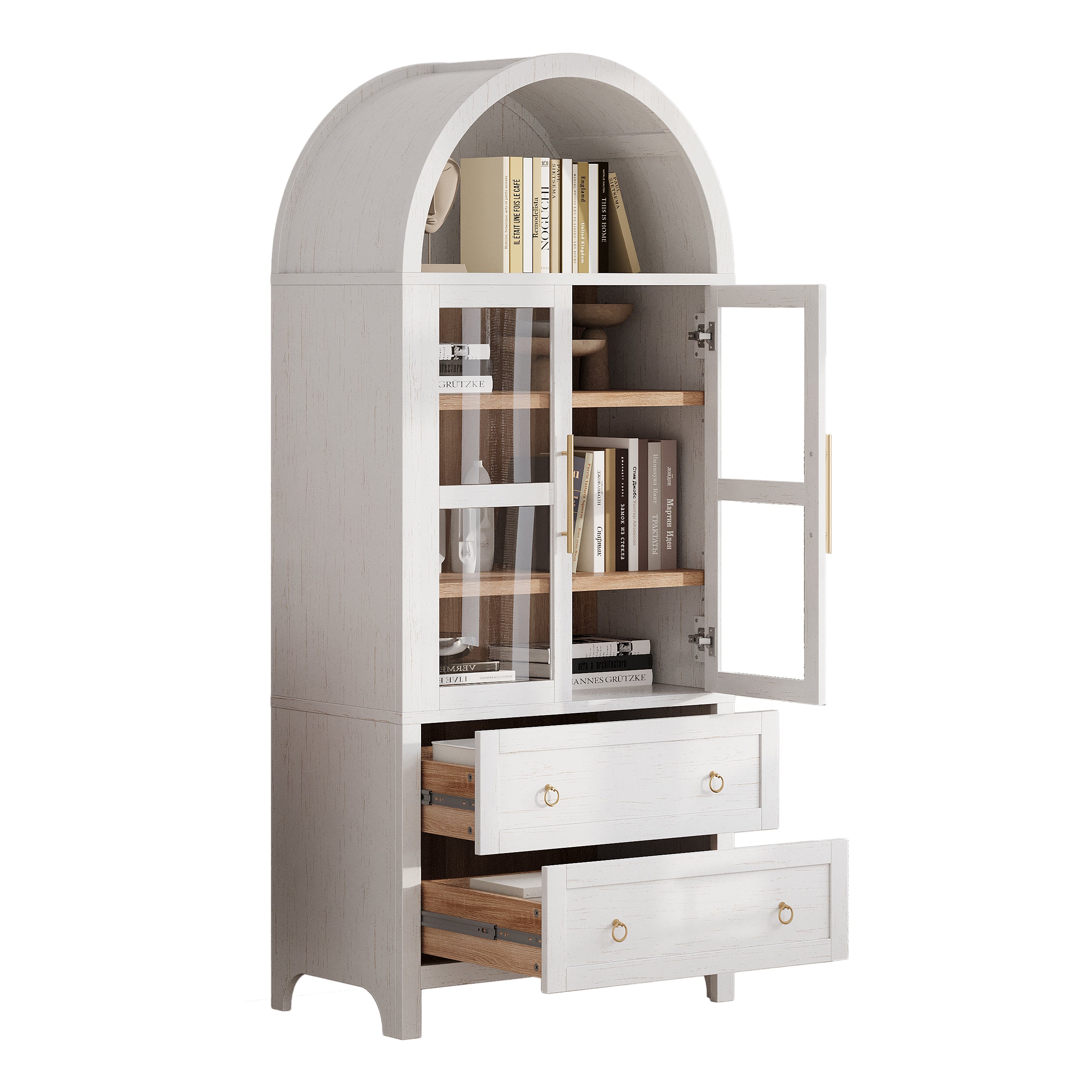 K&K 71' Tall Arched Kitchen Pantry Cabinet with 2 Large Drawers, Modern Farmhouse Kitchen Storage Cabinets with Adjustable Shelves, Glass Door, Wood Versatile Cupboard for Kitchens, Dining Room, White - Grand Goldman Shop