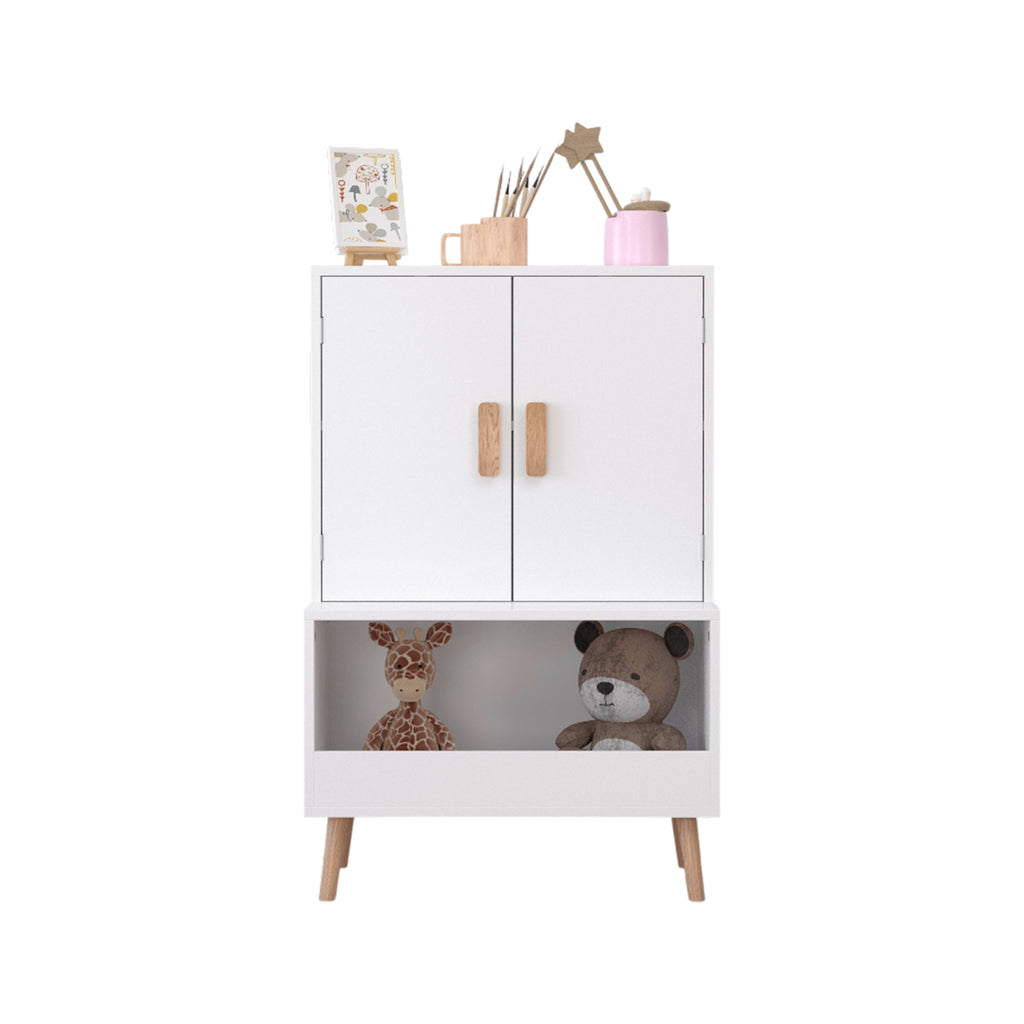 Kids Toy Storage Cabinet with Doors and Open Shelf, White Modern Wooden Organizer with Natural Wood Legs, Toddler Bookshelf f