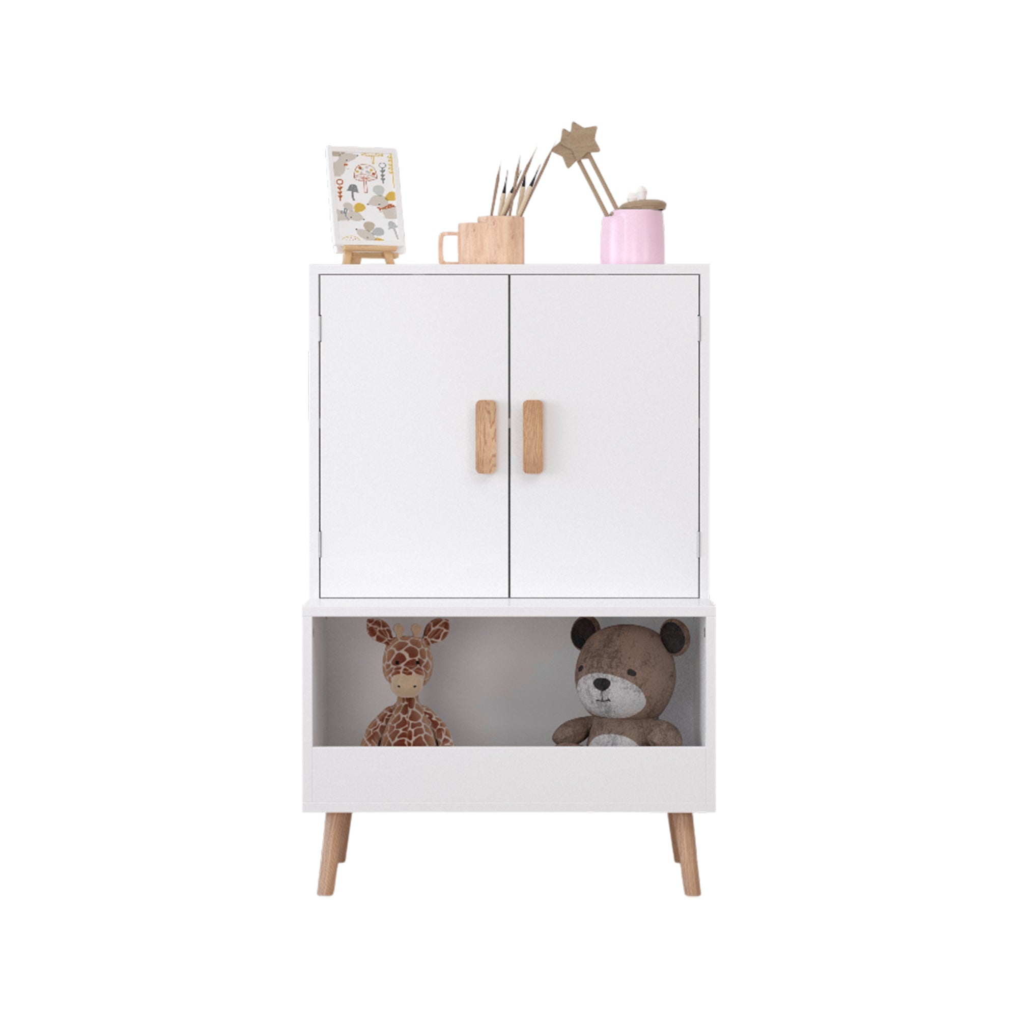 Kids Toy Storage Cabinet with Doors and Open Shelf, White Modern Wooden Organizer with Natural Wood Legs, Toddler Bookshelf f