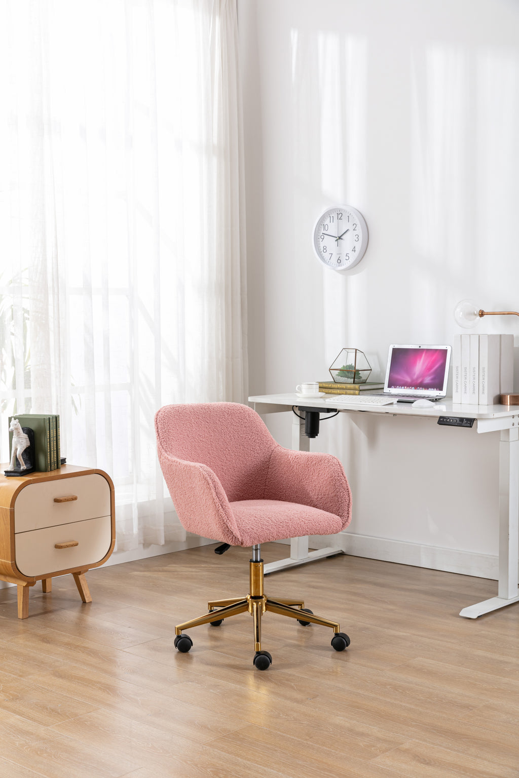 Modern Teddy Fabric Material Adjustable Height 360 Revolving Home Office Chair With Gold Metal Legs And Universal Wheel For I