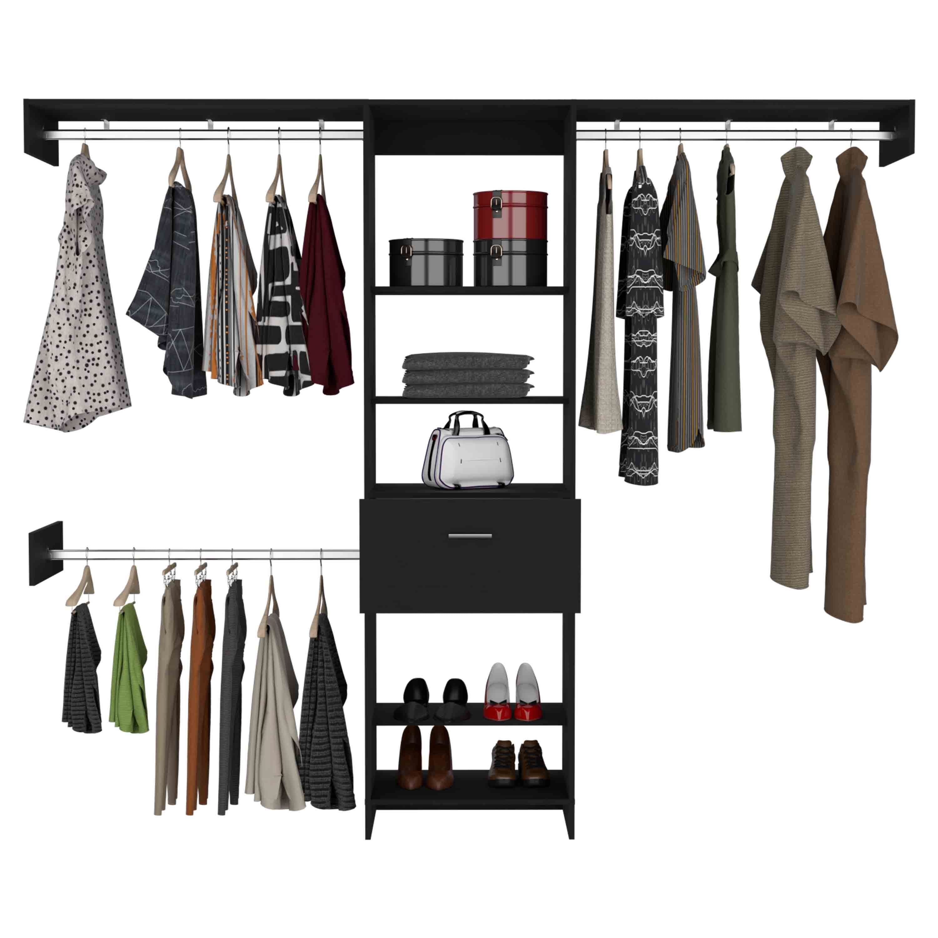 Manchester 250 Closet System, Five Open Shelves, One Drawer, Three Metal Rods -Black - Grand Goldman Shop