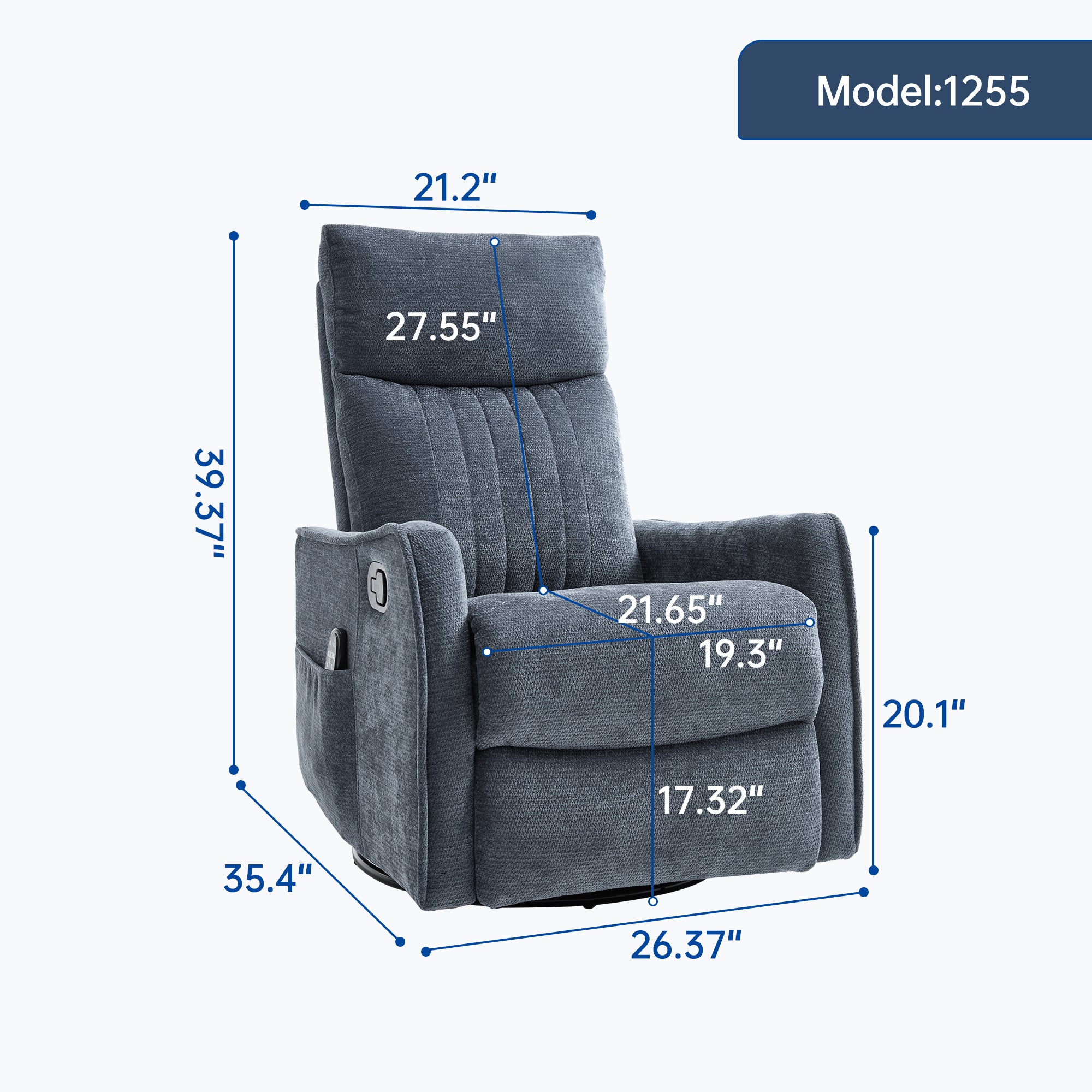 Blue Heat Massage Manual Recliner Chair with Rocker and Swivel in Fabric for Living Room - Grand Goldman Shop