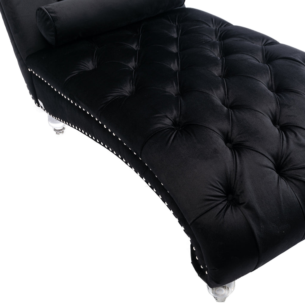Velvet Chaise Lounge Indoor, Button-Tufted Upholstered Chair with Pillow, Black Velvet, 63.38x28.94x34.05 inches - Grand Goldman Shop