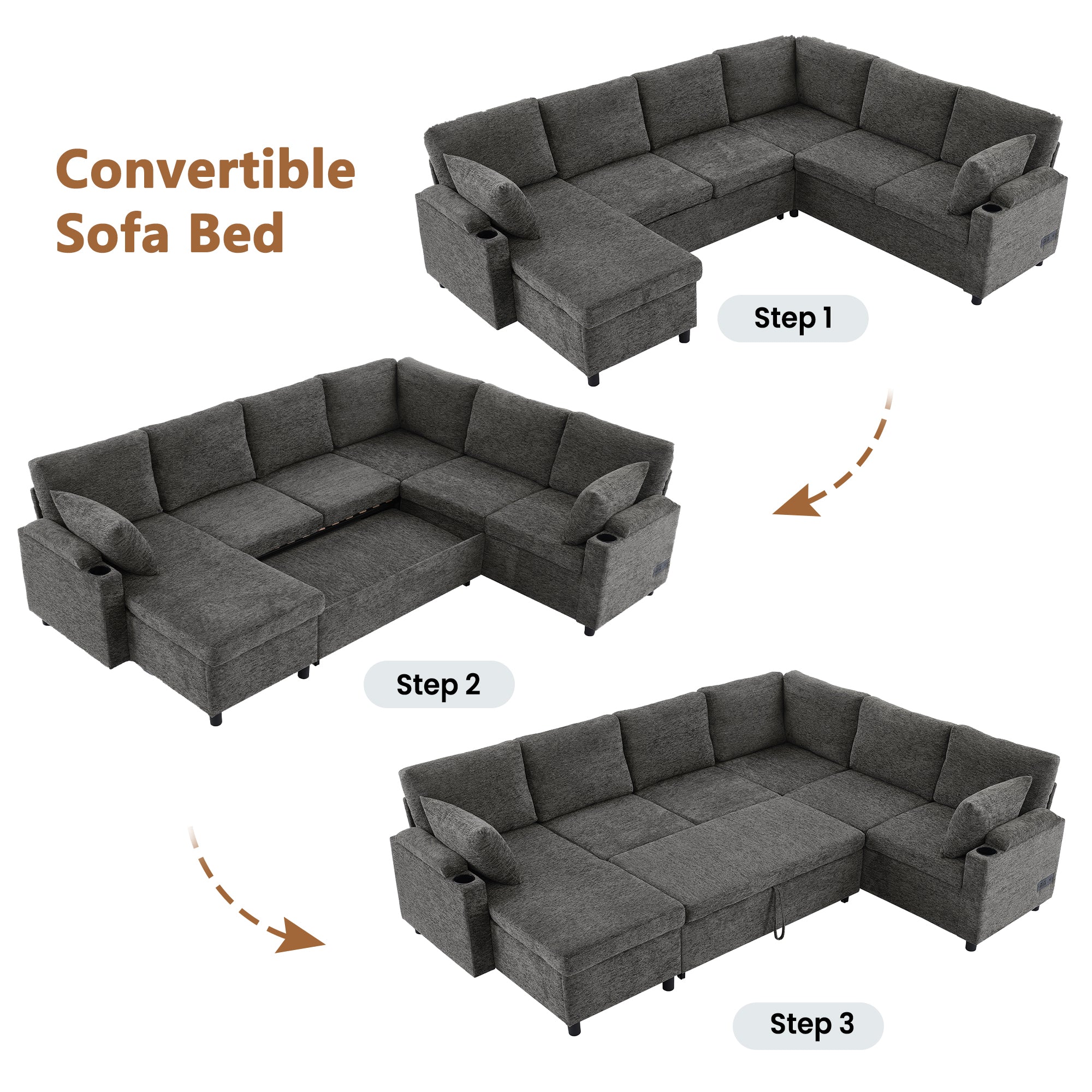 Versatile U-Shaped Sectional Sofa Bed with Storage, Cup Holders, Charging Ports in Grey Chenille - Grand Goldman Shop
