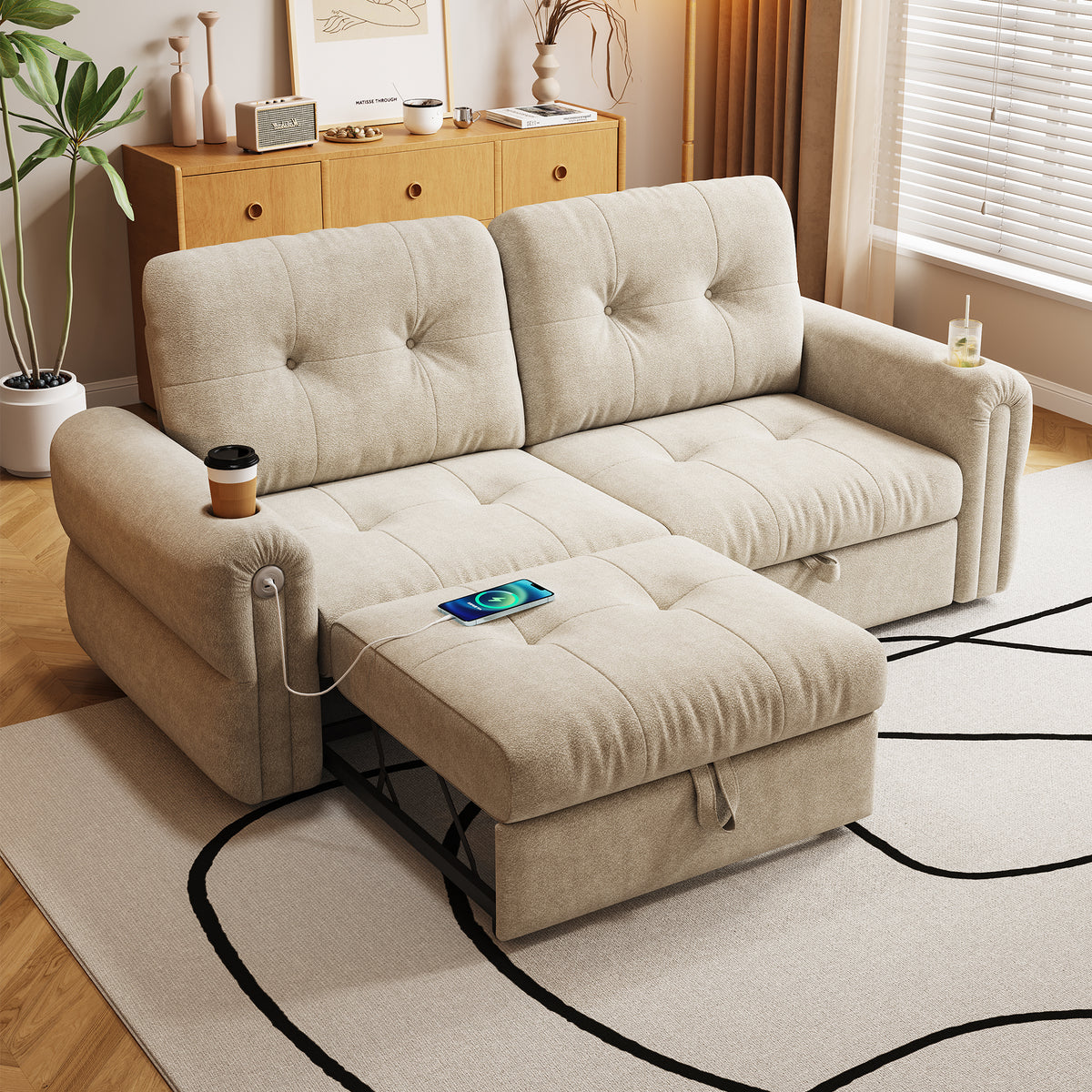 It is a multi-functional sofa, a 77-inch convertible sofa bed, and a 2-in-1 piece suitable for both sitting and lying down. Made of  Chenille fabric, it is suitable for living rooms, bedrooms - Grand Goldman Shop