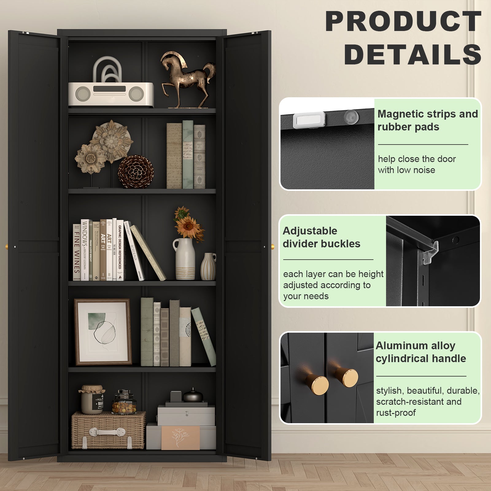 Black Metal Kitchen Pantry Cabinet with Adjustable Shelves and Gold Handles, Tall Steel Storage Locker for Kitchen, Living Ro