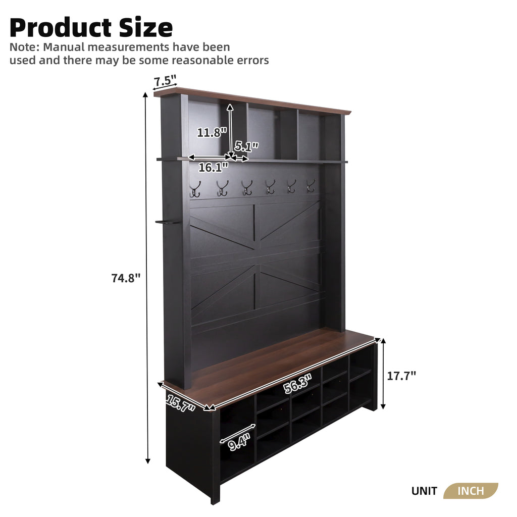Farmhouse 4-in-1 Hall Tree with 6 Hooks, Practical Walnut Entryway Bench with Adjustable Shelves,  Wooden Shoe Organizer with 16 Compartments for Mudroom, Living Room, Black (OLD SKU: N721S000064B-1) - Grand Goldman Shop