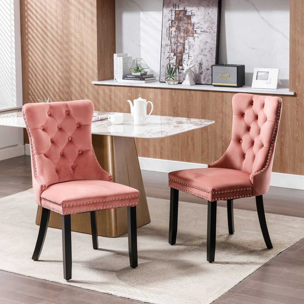 Nikki Collection Modern, High-end Tufted Solid Wood Contemporary Velvet Upholstered Dining Chair with Wood Legs Nailhead Trim 2-Pcs Set,Pink, SW2001PK - Grand Goldman Shop