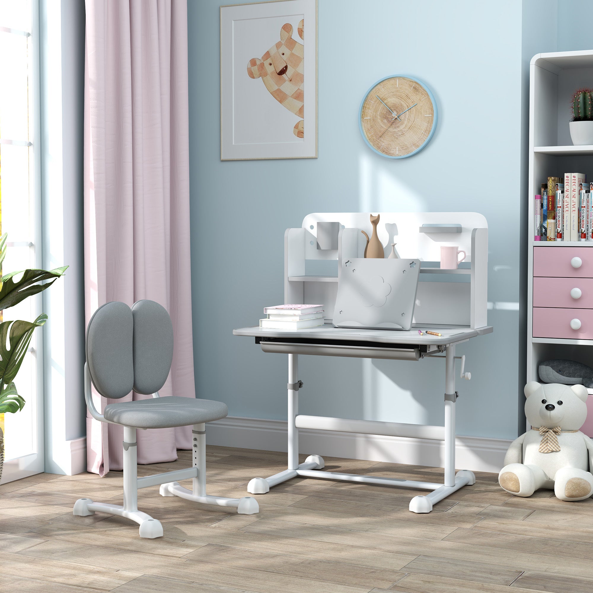 Qaba Kids Desk and Chair Set, Height Adjustable Kids School Study Desk and Chair Set with Tilt Desktop, Storage Drawer and Re