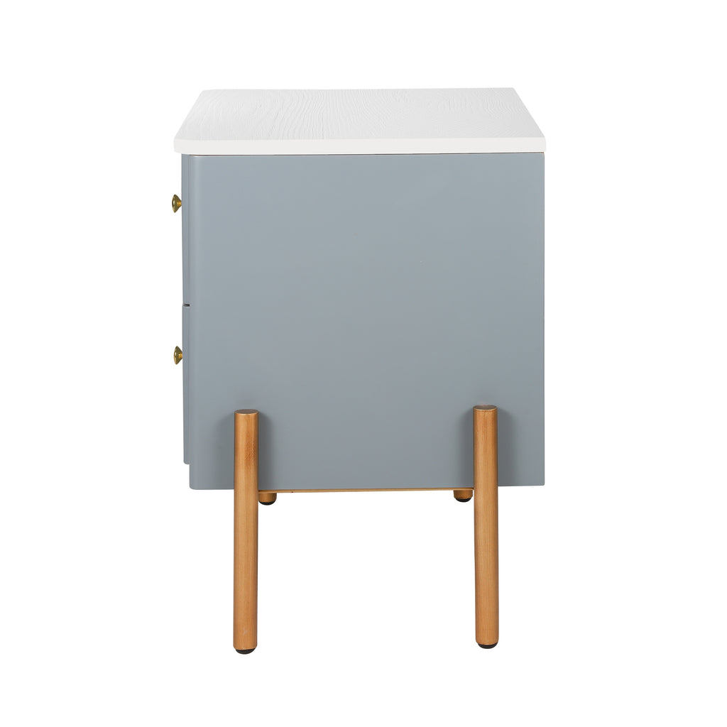 Modern Nightstand with 2 Storage Drawer, Fluted Bedside Table with Golden Metal Handles and Legs, End Table for Living Room and Bedroom, Easy Assembly, Blue - Grand Goldman Shop