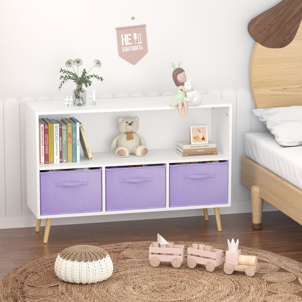 Kids Bookcase with Collapsible Fabric Drawers, Children's Book Display Organizer in White and Purple, MDF with Pine Legs - Gr