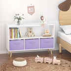 Kids Bookcase with Collapsible Fabric Drawers, Children's Book Display Organizer in White and Purple, MDF with Pine Legs - Gr