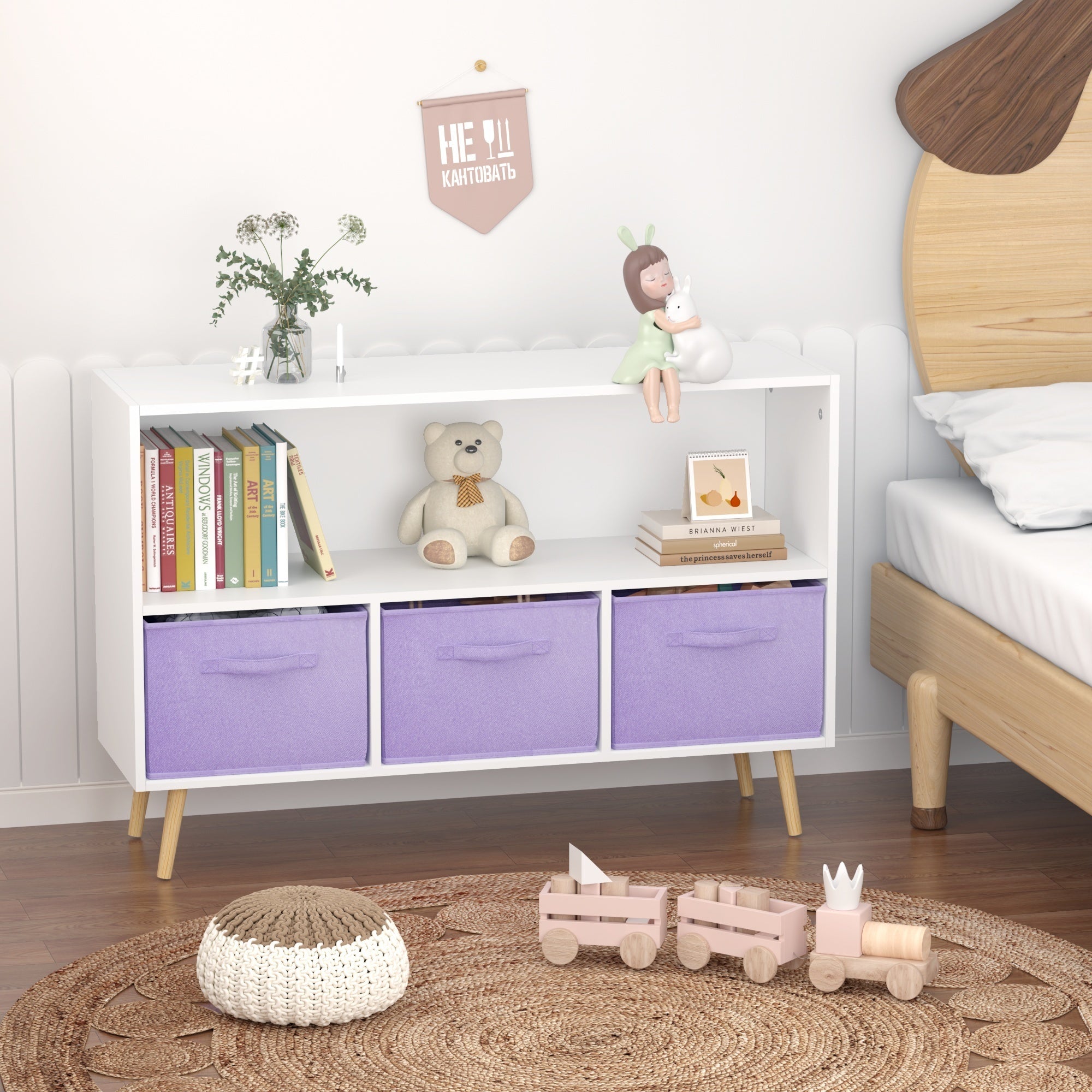 Kids Bookcase with Collapsible Fabric Drawers, Children's Book Display Organizer in White and Purple, MDF with Pine Legs - Gr