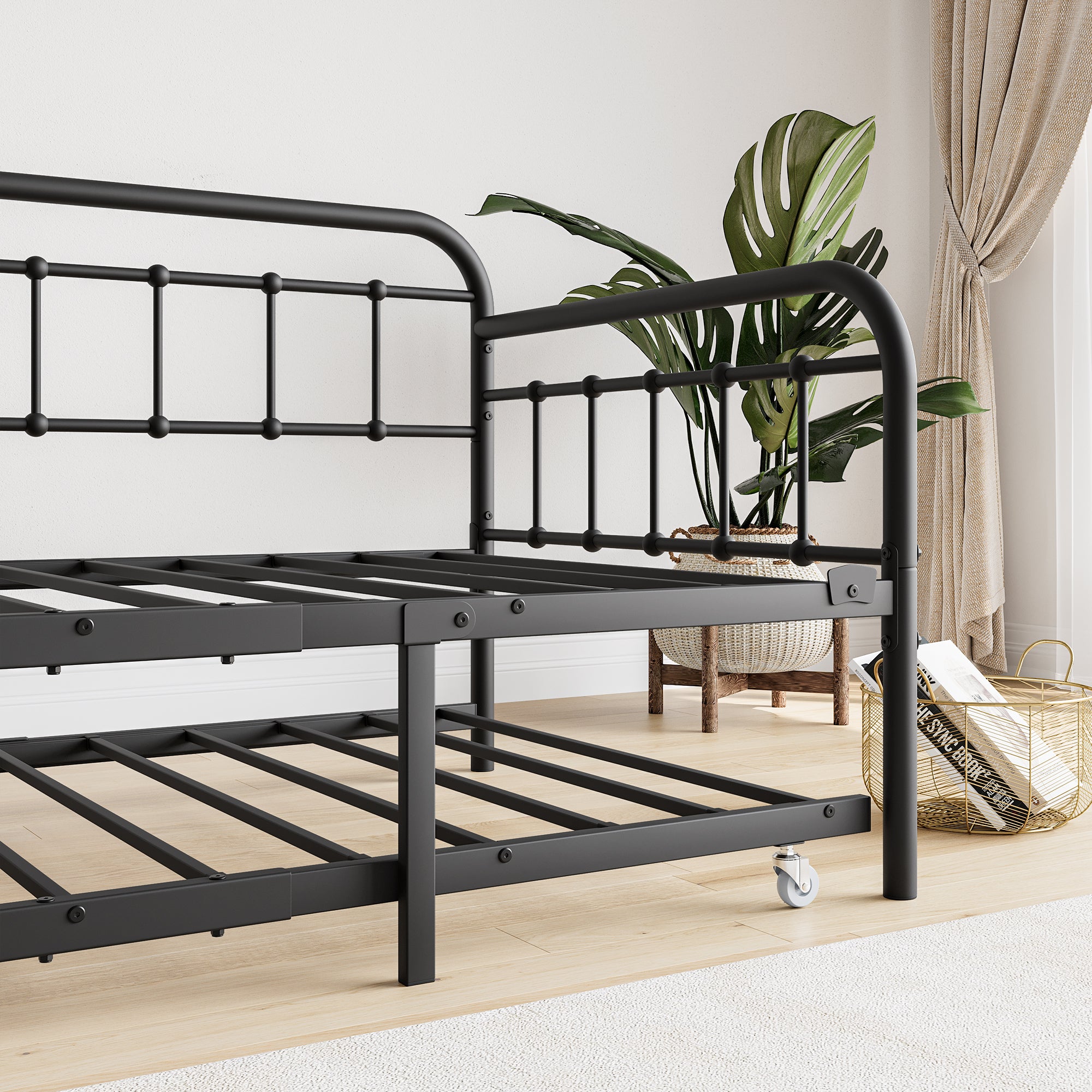 Twin Size Metal Daybed Frame with Trundle, Heavy Duty Steel Slat Support Sofa Bed Platform with Headboard, No Box Spring Needed, Black - Grand Goldman Shop