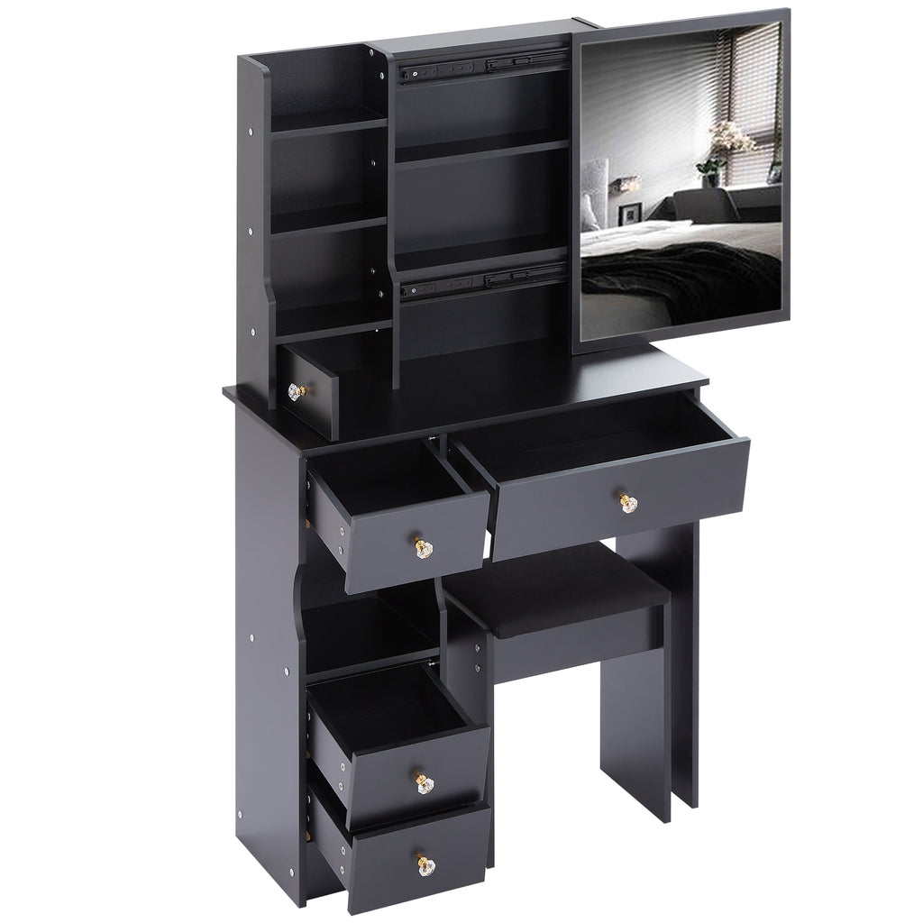 29.2' Small Space Left Drawer Desktop Vanity Table + Cushioned Stool, Extra Large Right sliding mirror, Multi Layer High Capacity Storage, Practical Fashionable Dresser, Suitable For Small Space - Grand Goldman Shop