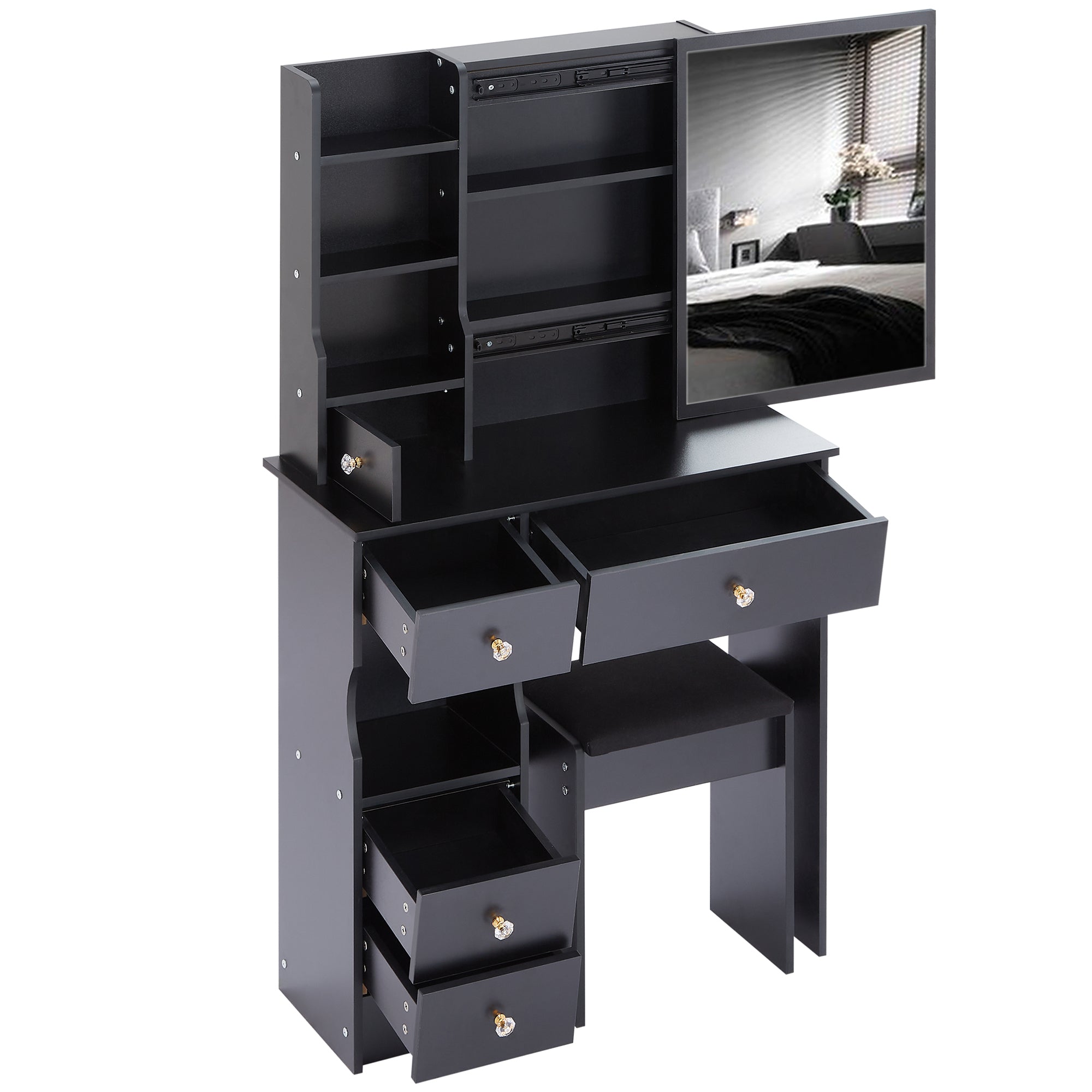 29.2' Small Space Left Drawer Desktop Vanity Table + Cushioned Stool, Extra Large Right sliding mirror, Multi Layer High Capacity Storage, Practical Fashionable Dresser, EPA, GCC, UL Certificate - Grand Goldman Shop