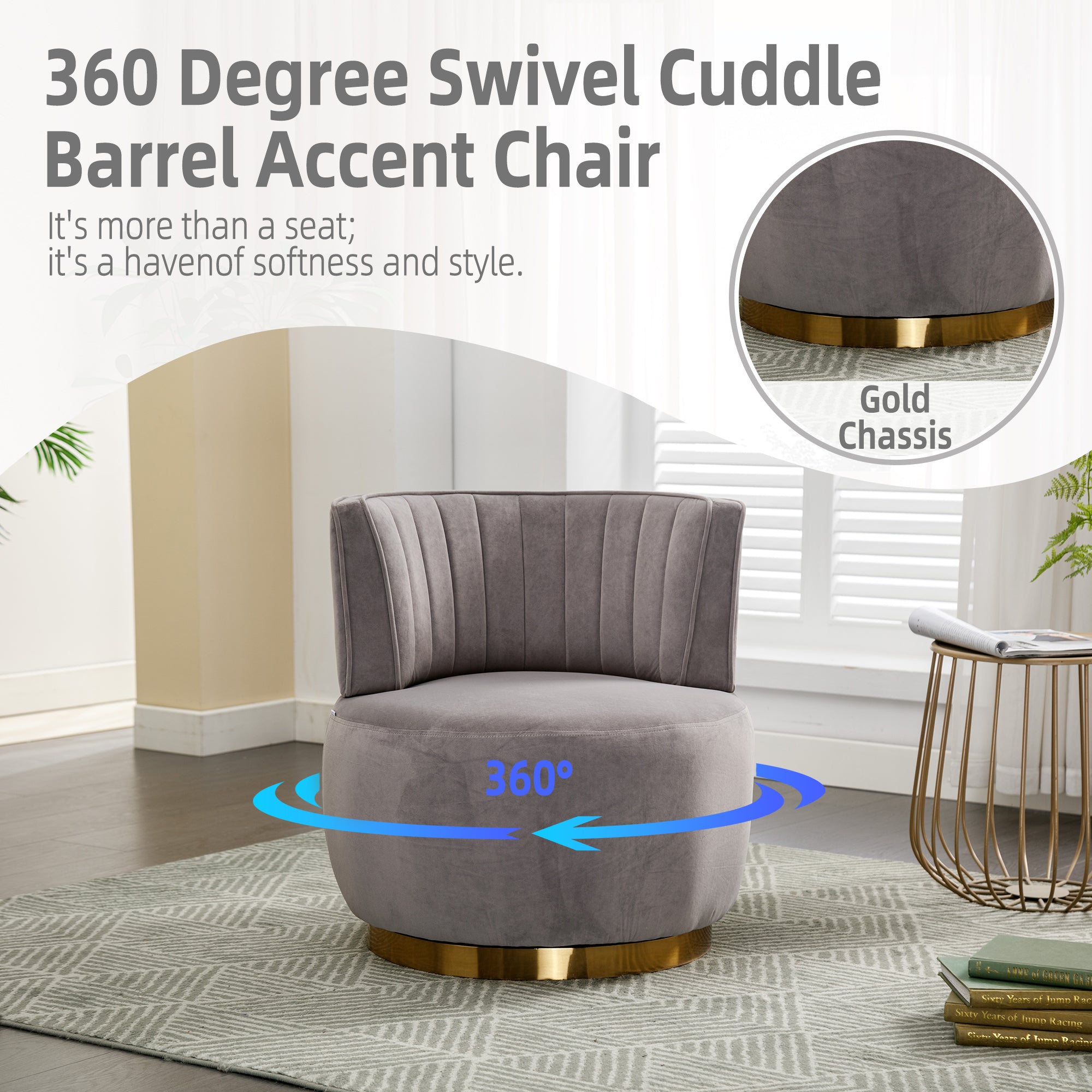 Swivel Barrel Chair, Round Armchairs with Fluffy Velvet, 360 Degree Swivel, Gray, 25.20'' x 25.59'' x 26.38'' - Grand Goldman Shop