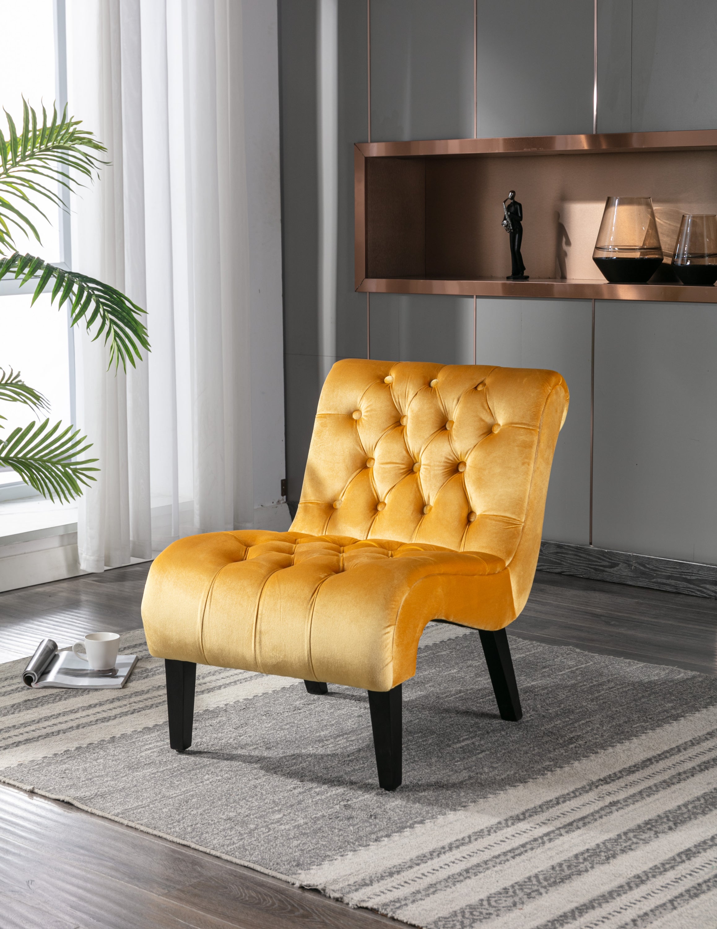 COOLMORE Modern Velvet Armless Accent Living Room Chair / Leisure Chair,Upholstered Fabric Button Comfortable Chair with Wooden Legs for Bedroom, Living Room, Office (Mustard Velvet) - Grand Goldman Shop