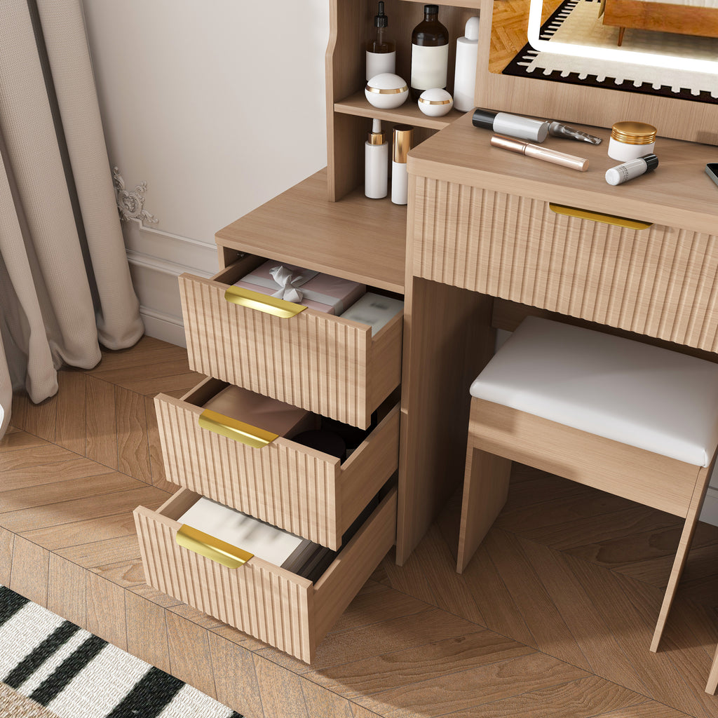 Modern Vanity Desk with 3 LED Lighting Modes, 4 Drawers, Hair Dryer Holder, Power Socket, and Dressing Chair in Walnut Finish, Made of MDF - Grand Goldman Shop