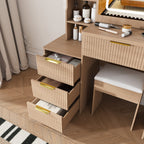 Modern Vanity Desk with 3 LED Lighting Modes, 4 Drawers, Hair Dryer Holder, Power Socket, and Dressing Chair in Walnut Finish, Made of MDF - Grand Goldman Shop