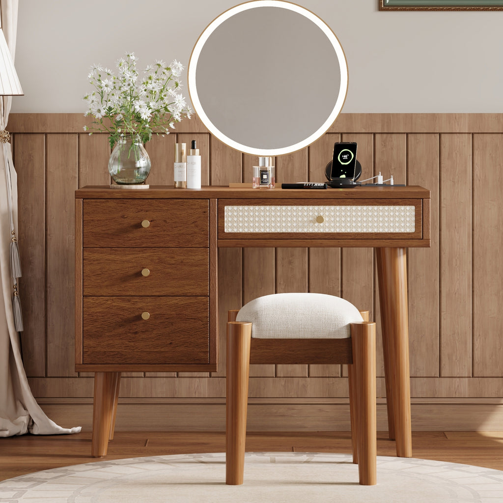39' Retro Bohemian Style Wooden Makeup Vanity Set with Charging Plug&USB Port and Stool, Dressing Table with 3 Storage Drawers and 1 Rectangular Rattan Drawer, Walnut - Grand Goldman Shop