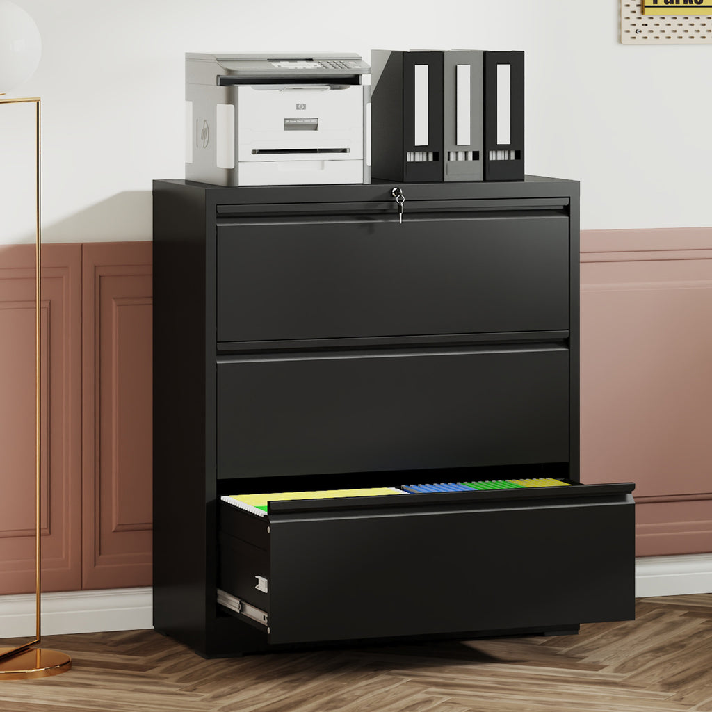 3 Drawer Lateral File Cabinet, 35.4 Inch Wide Metal Filing Cabinet, Locking Heavy Duty File Cabinet for Home Office, Anti-Tip