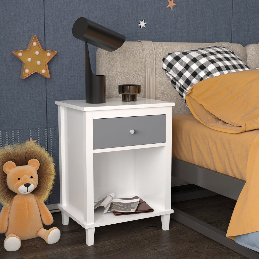 Gray+Silver Handle Wooden Nightstand 26.77''H with One Drawer One Shelf for Kids and Adults, White+Gray Finish MDF - Grand Goldman Shop