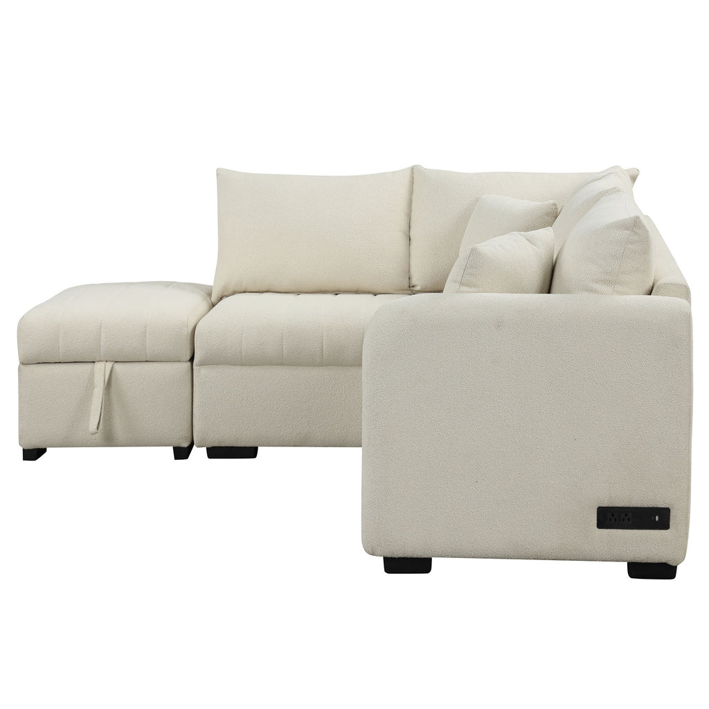 Modern L-shaped Sectional Pull Out Sofa Bed with USB Ports and Storage Ottoman, Beige, Jacquard Fabric, 82.6' - Grand Goldman Shop