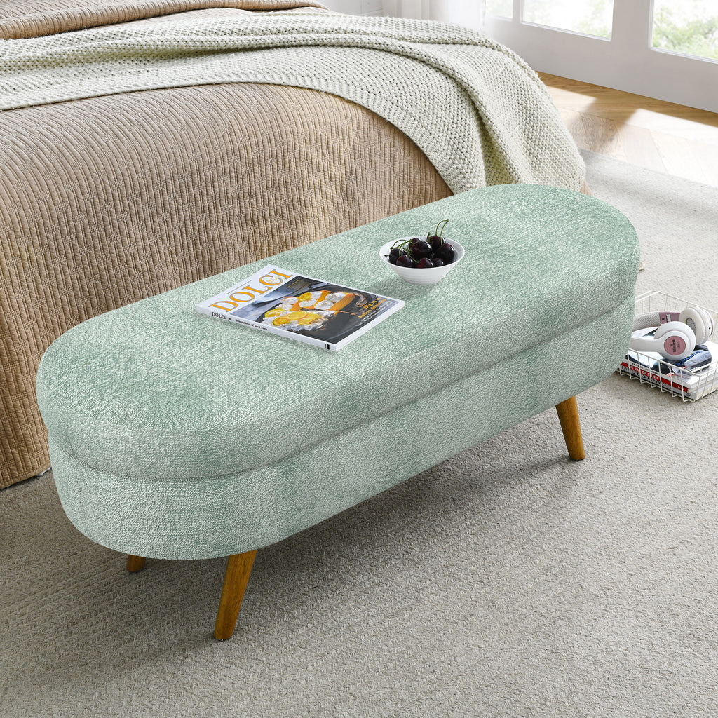 Cyan Ottoman Oval Storage Bench with Rubber Wood Legs, Gray Fabric, 43.5'x16'x16' - Grand Goldman Shop