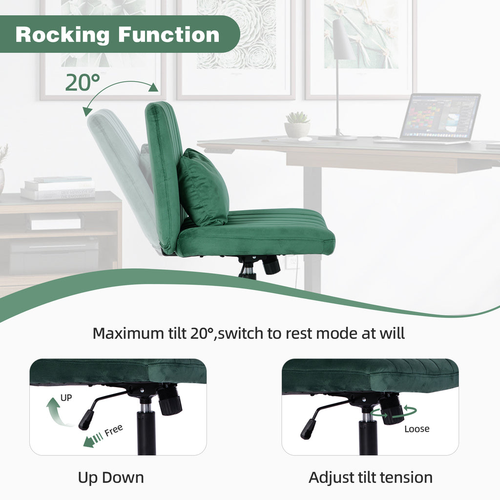 Green Velvet Criss Cross Armless Office Chair with Wheels - Comfortable & Stylish for Home Office, Meditation, and Makeup Use