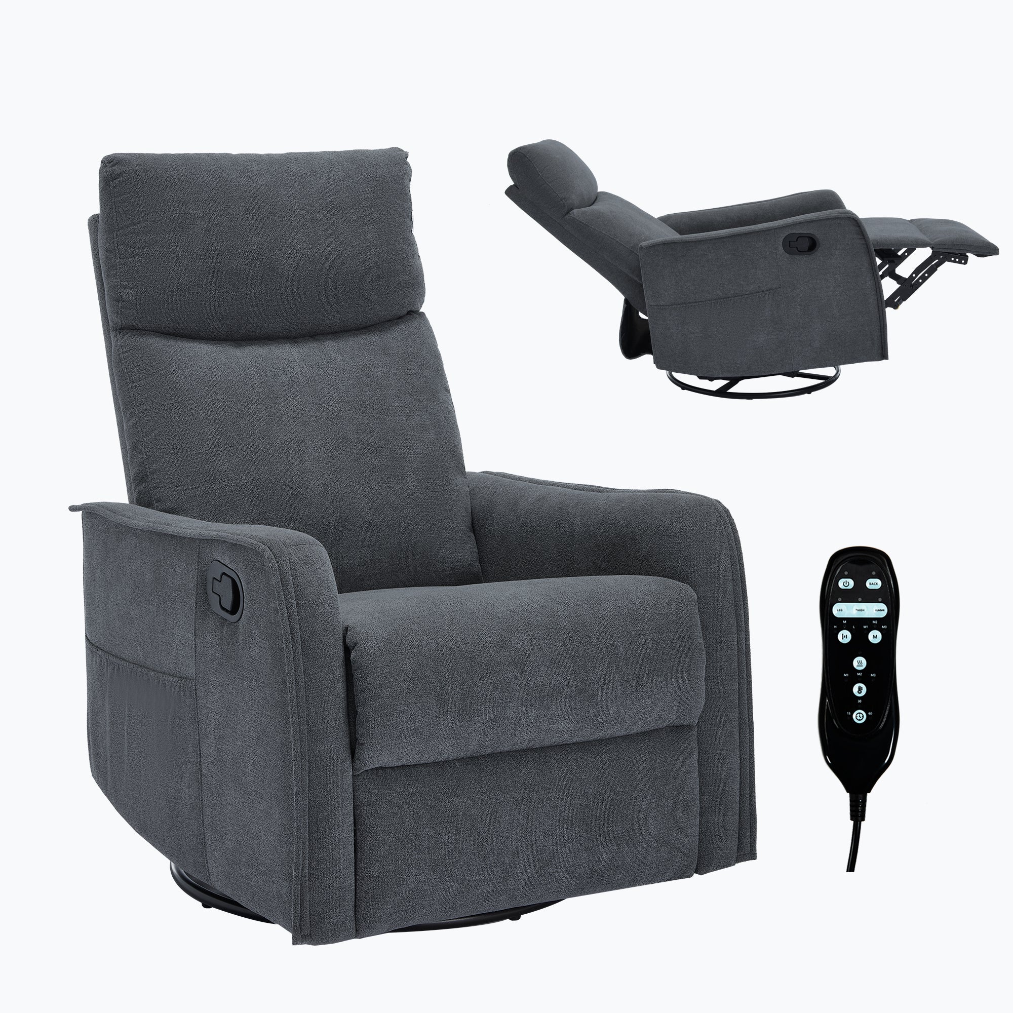 Heat Massage Manual Recliner Chair with Rocker and Swivel in Fabric for Living Room, Grey - Grand Goldman Shop