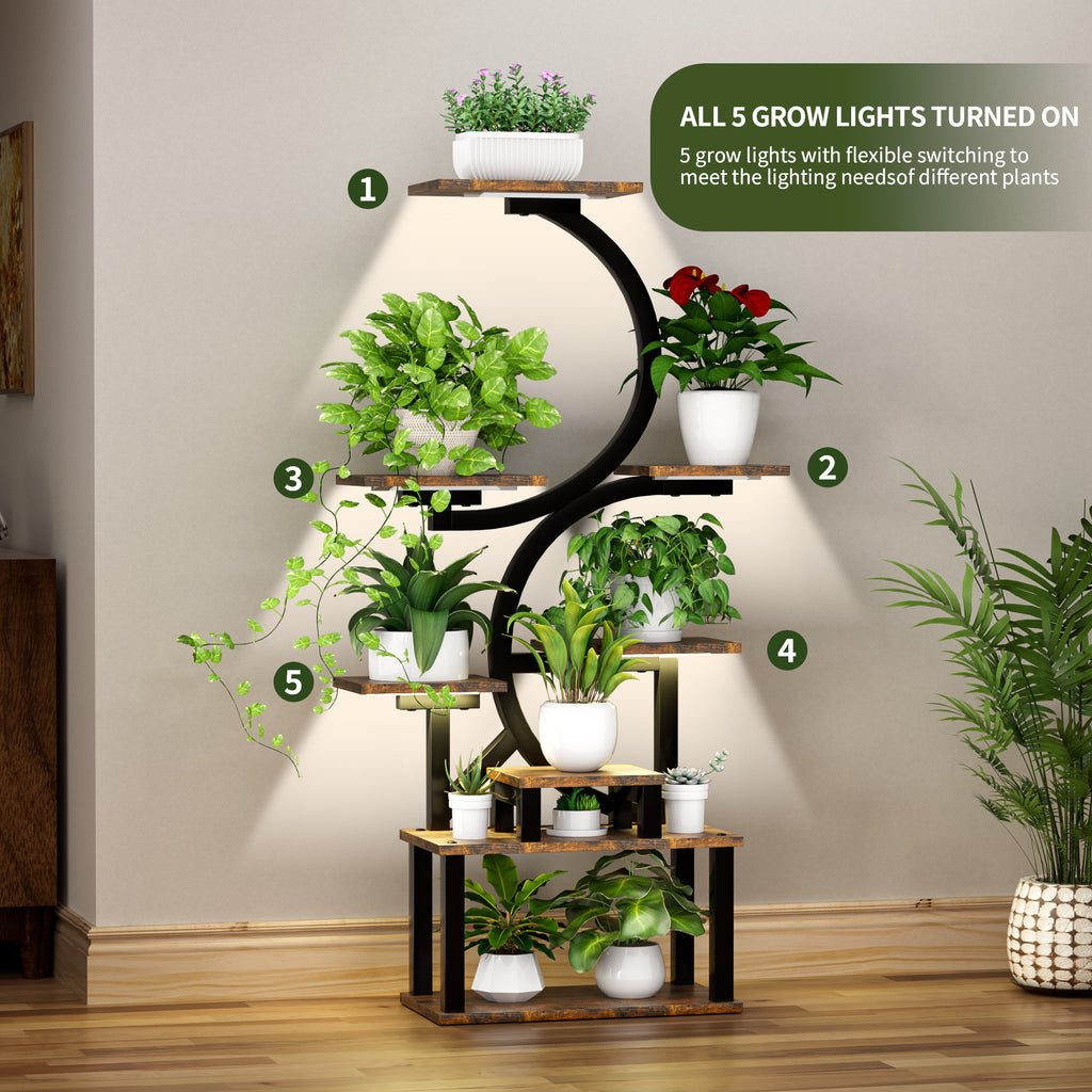 8-Tier Indoor Plant Stand with 5 Grow Lights, Rustic Brown MDF+Metal, 10-Level Dimming, 62-Inch Tall for Living Room or Garden - Grand Goldman Shop