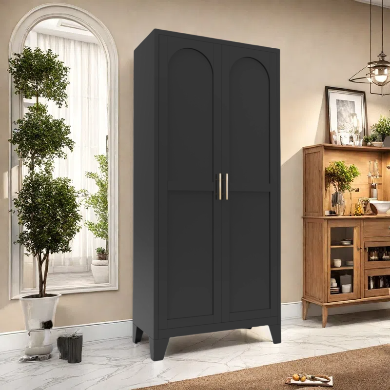 61'' 2 Shapely Doors Cabinet, Metal Storage Cabinet with Doors and Adjustable Shelves, for Bedroom, Living Room(Black) - Grand Goldman Shop