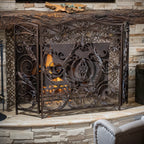Waterbury Traditional Fireplace Screen with Gold Flower on Black Iron Frame, 53.50x36.50 - Grand Goldman Shop