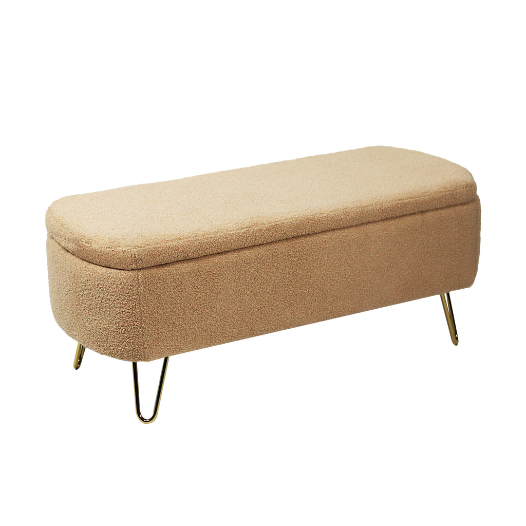 Camel Storage Ottoman Bench for End of Bed Gold Legs, Modern Camel Faux Fur Entryway Bench Upholstered Padded with Storage for Living Room Bedroom - Grand Goldman Shop