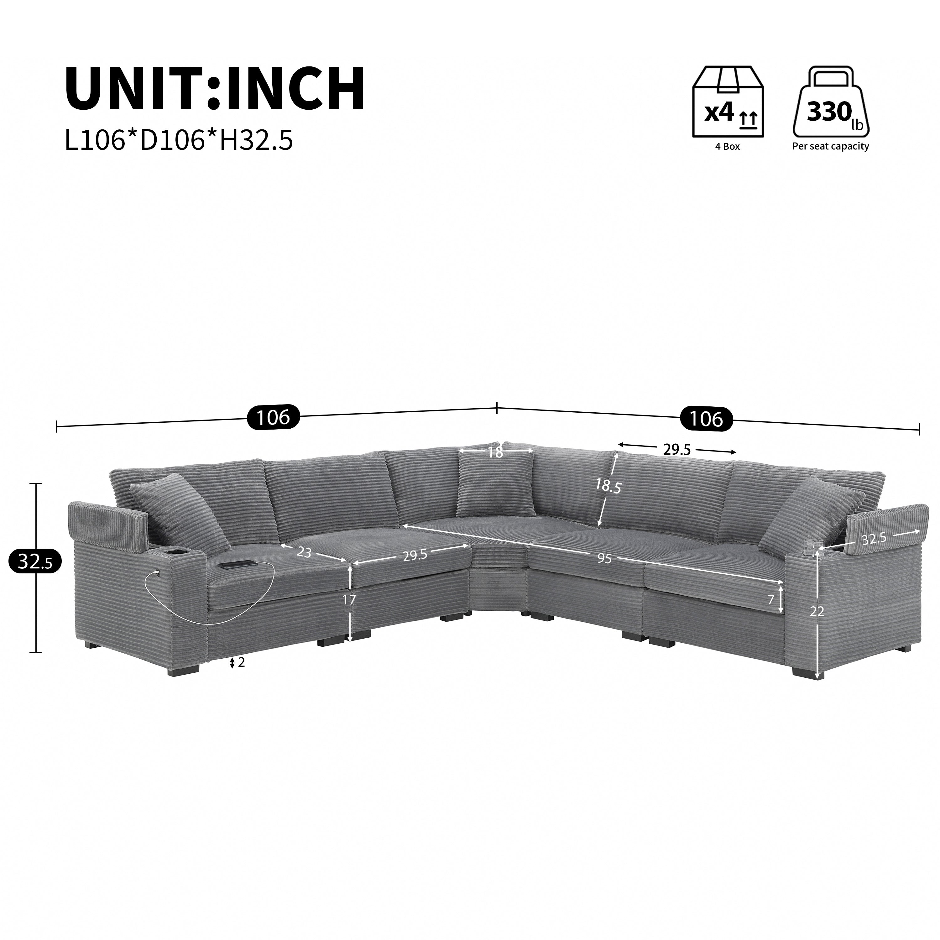 106' Convertible L Shaped Sectional Sofa,Corduroy Corner Couch with Armrest Storage,Cup Holders,USB Charger,Irregular Corner,Oversized Comfy Modular Sofa for Living Room,Apartment,2 Colors - Grand Goldman Shop