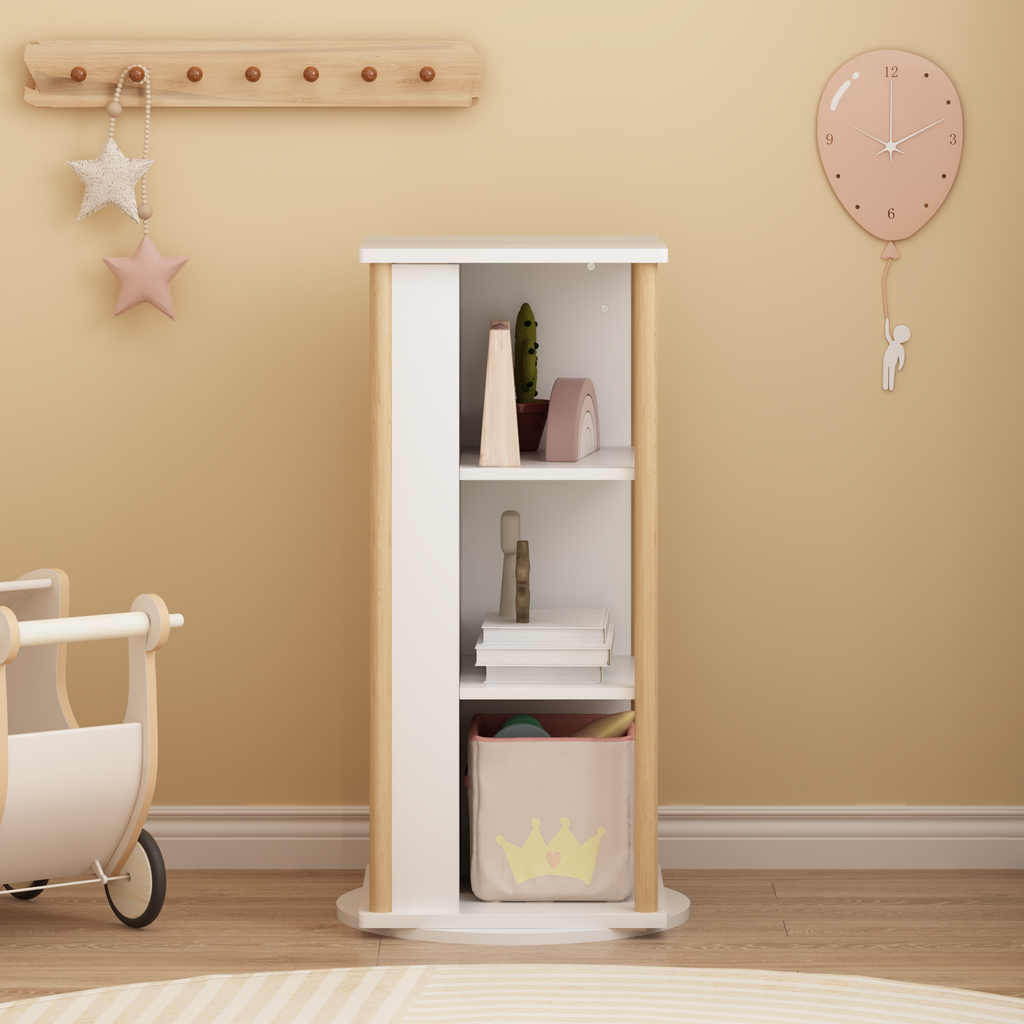 360° Rotating Kids Bookshelf with Chalkboard, 3-Tier Wood Floor Revolving Bookcase & Toy Storage Organizer, Picture Book Disp