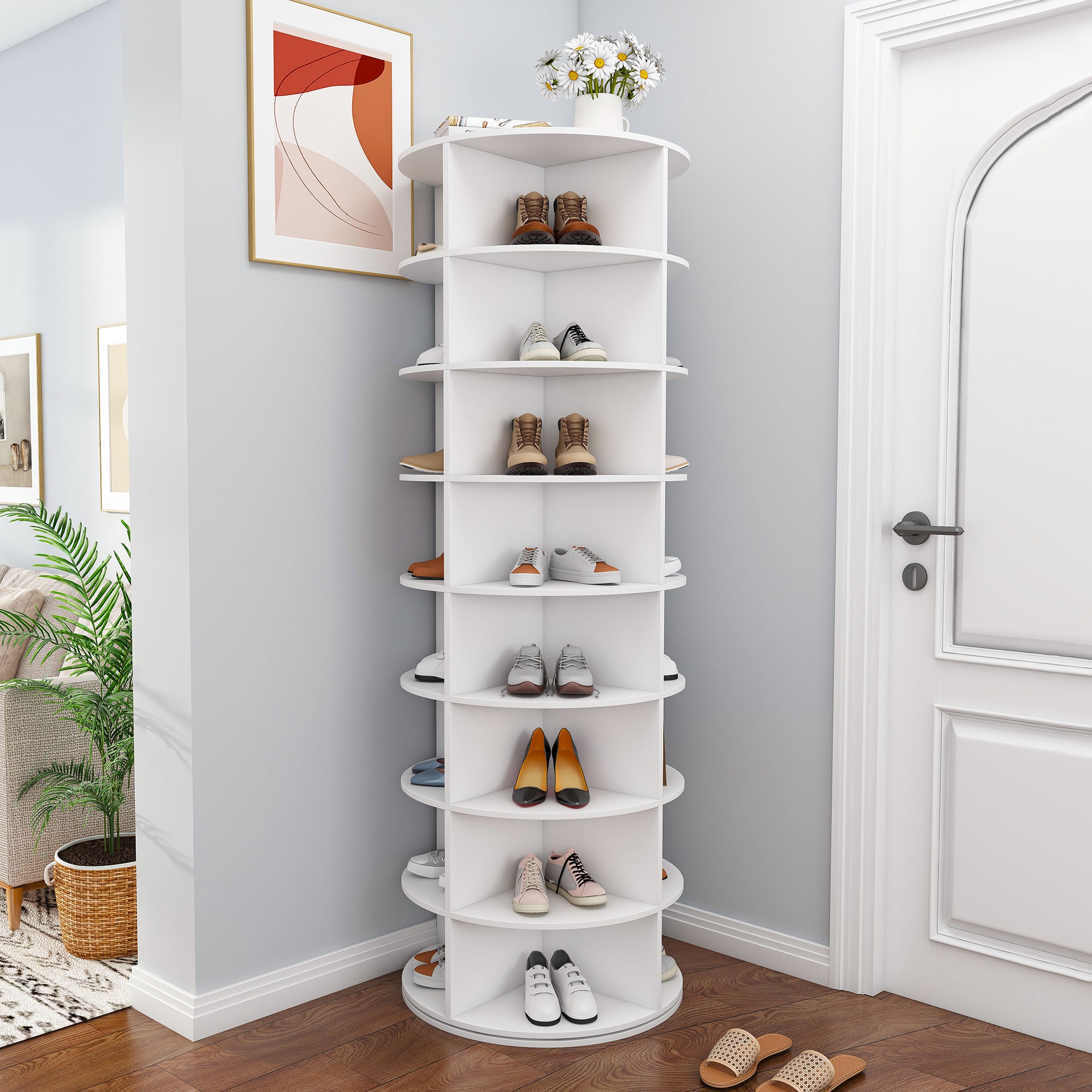 Rotating Shoe Rack Tower, 8-Tier Spinning Storage Rack, Free Standing 360° Revolving Organizer in White with PVC Construction, Holds 32 Pairs of Shoes - Grand Goldman Shop