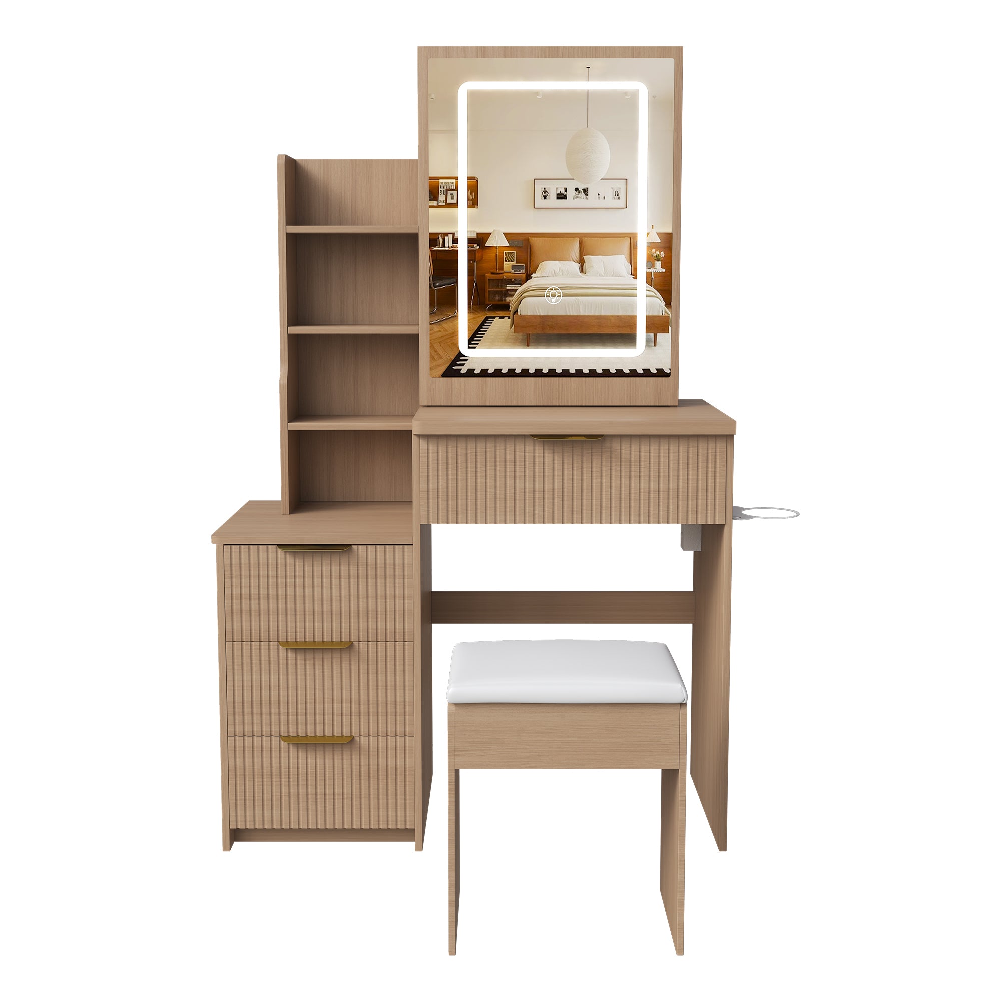 Modern Vanity Desk with 3 LED Lighting Modes, 4 Drawers, Hair Dryer Holder, Power Socket, and Dressing Chair in Walnut Finish, Made of MDF - Grand Goldman Shop