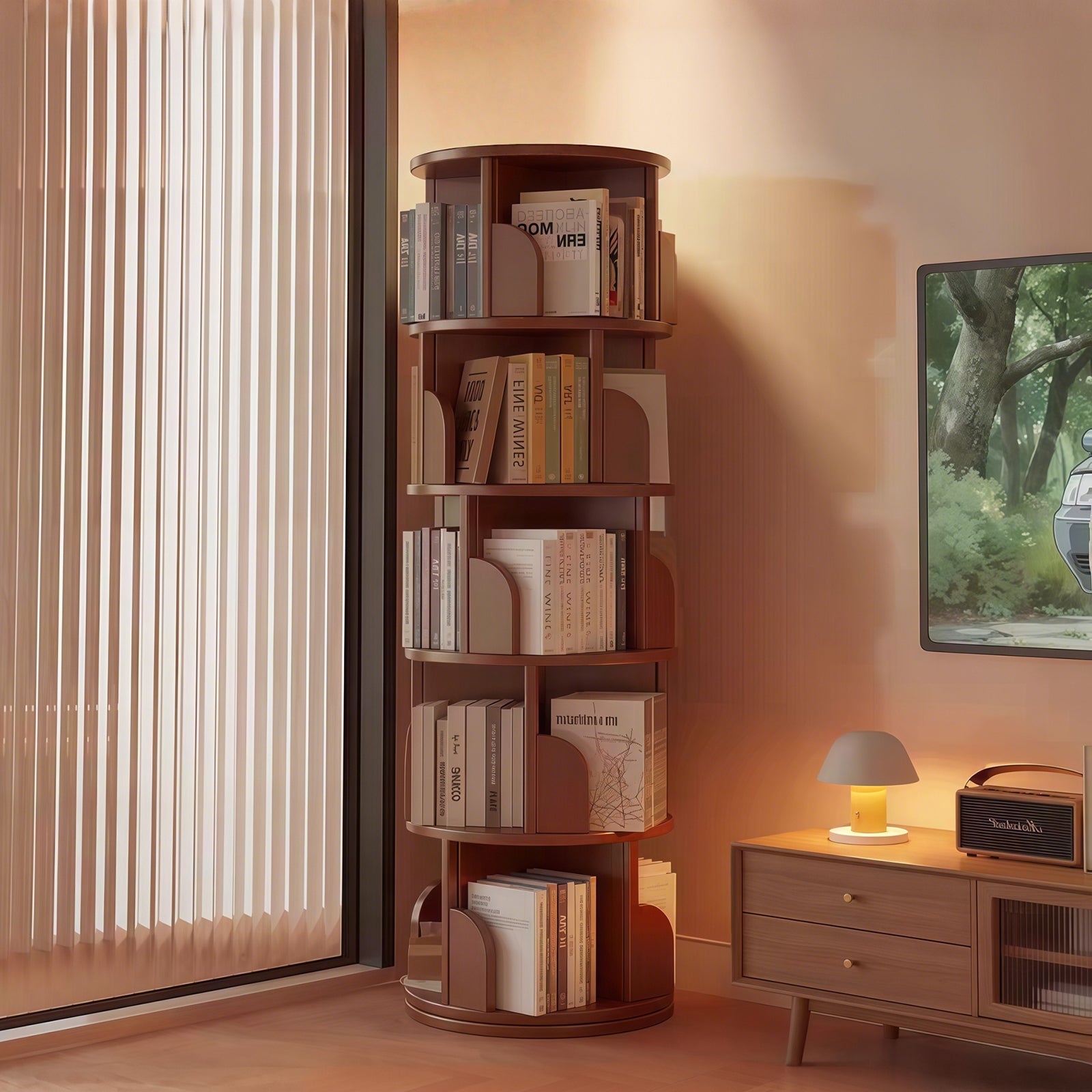 5 Tier Rotating Bookshelf, 360° Display Round Spinning Bookshelf, Space-Saving, Small Space Rotating Bookshelf Tower for Bedroom, Living Room, Home, Office, Walnut - Grand Goldman Shop
