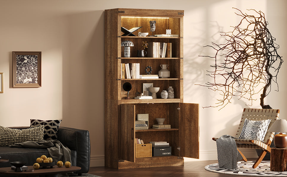 83.4'Tall Modern Bookshelf with Doors, Farmhouse Bookcase with 3-Tier Adjustable Shelves, Display Shelves with LED Light,Larg