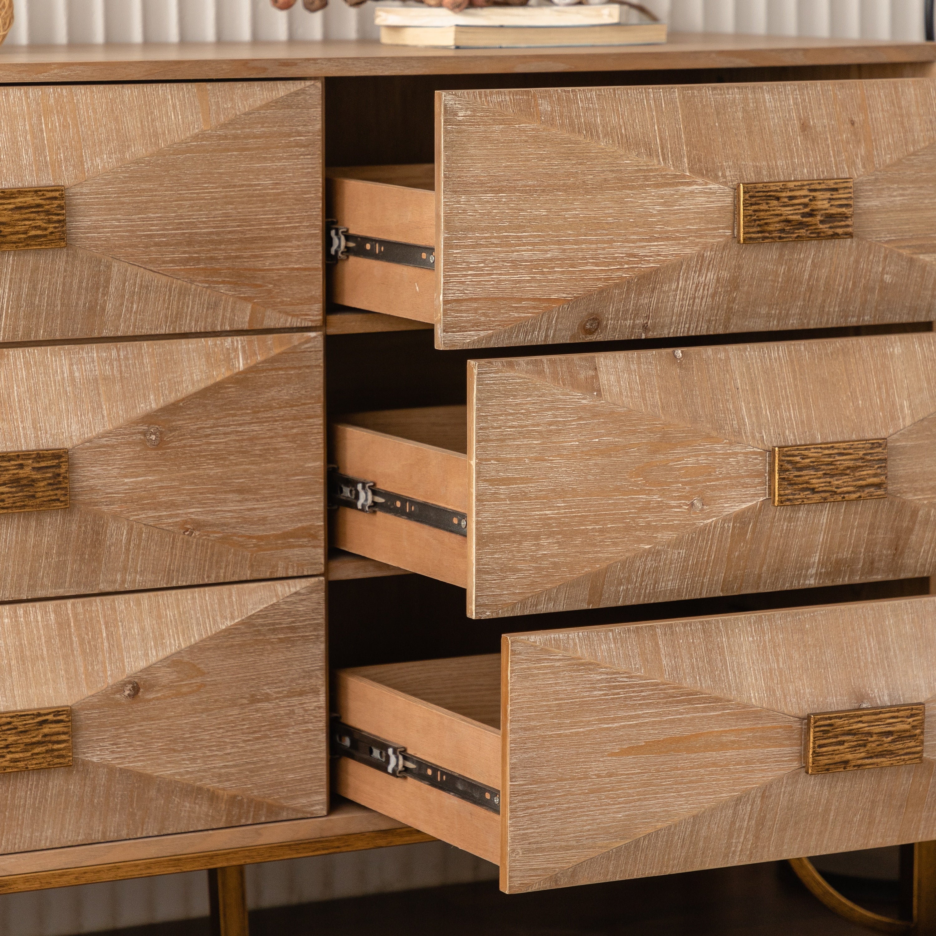 47.24' Light Wood 6-Drawer Dresser - Geometric Relief Chest of Drawers with Gold Metal Legs, Modern Sideboard Console Table for Living Room/Bedroom - Grand Goldman Shop
