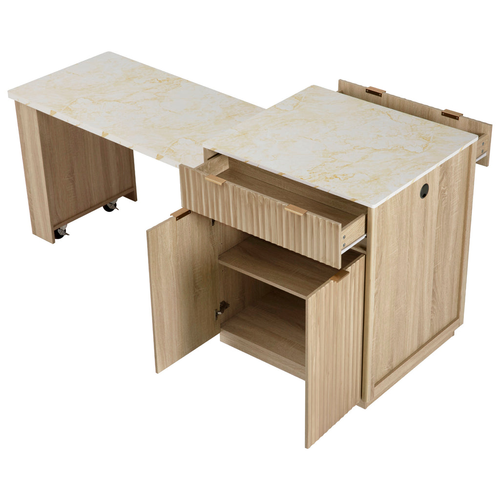K&K 82.6' Fluted Kitchen Island with Extendable Dining Table for 4-6, Island Table for Kitchen with Power Outlet, Kitchen Table with Double-Side Storage, 2 Drawers 2 Side Open Shelves, Natural - Grand Goldman Shop