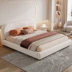 King Size Platform Bed with Boucle Fabric, Boucle Fabric Upholstered Platform Bed with Curve-Shaped Design Headboard, White, Easy Assembly - Grand Goldman Shop