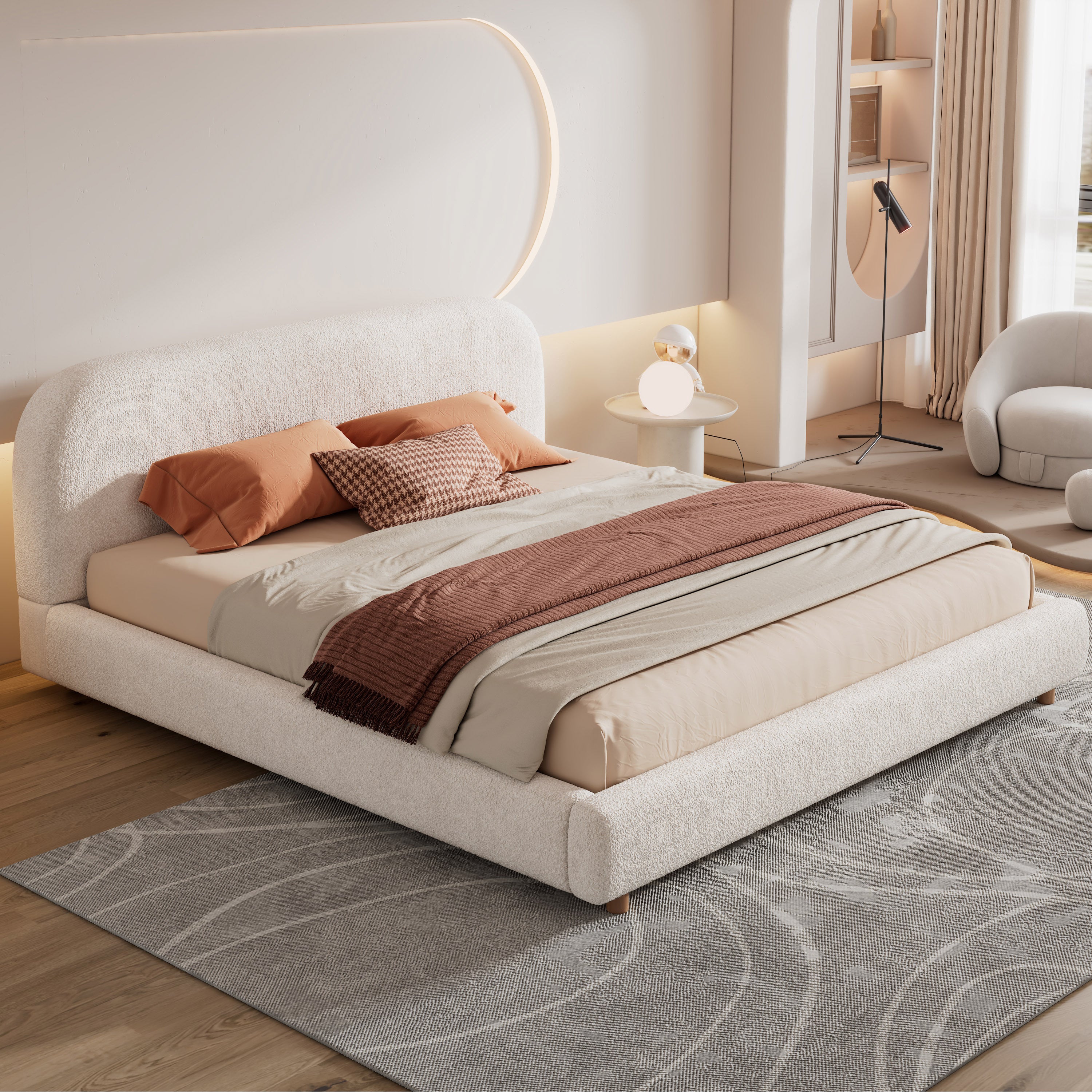 King Size Platform Bed with Boucle Fabric, Boucle Fabric Upholstered Platform Bed with Curve-Shaped Design Headboard, White, Easy Assembly - Grand Goldman Shop