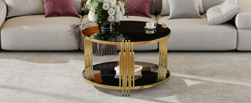 Modern Black Mirror Coffee Table, Asymmetrical Metal, Circular Metal Drum Base, Gold Finish & Lower Shelf - Grand Goldman Shop