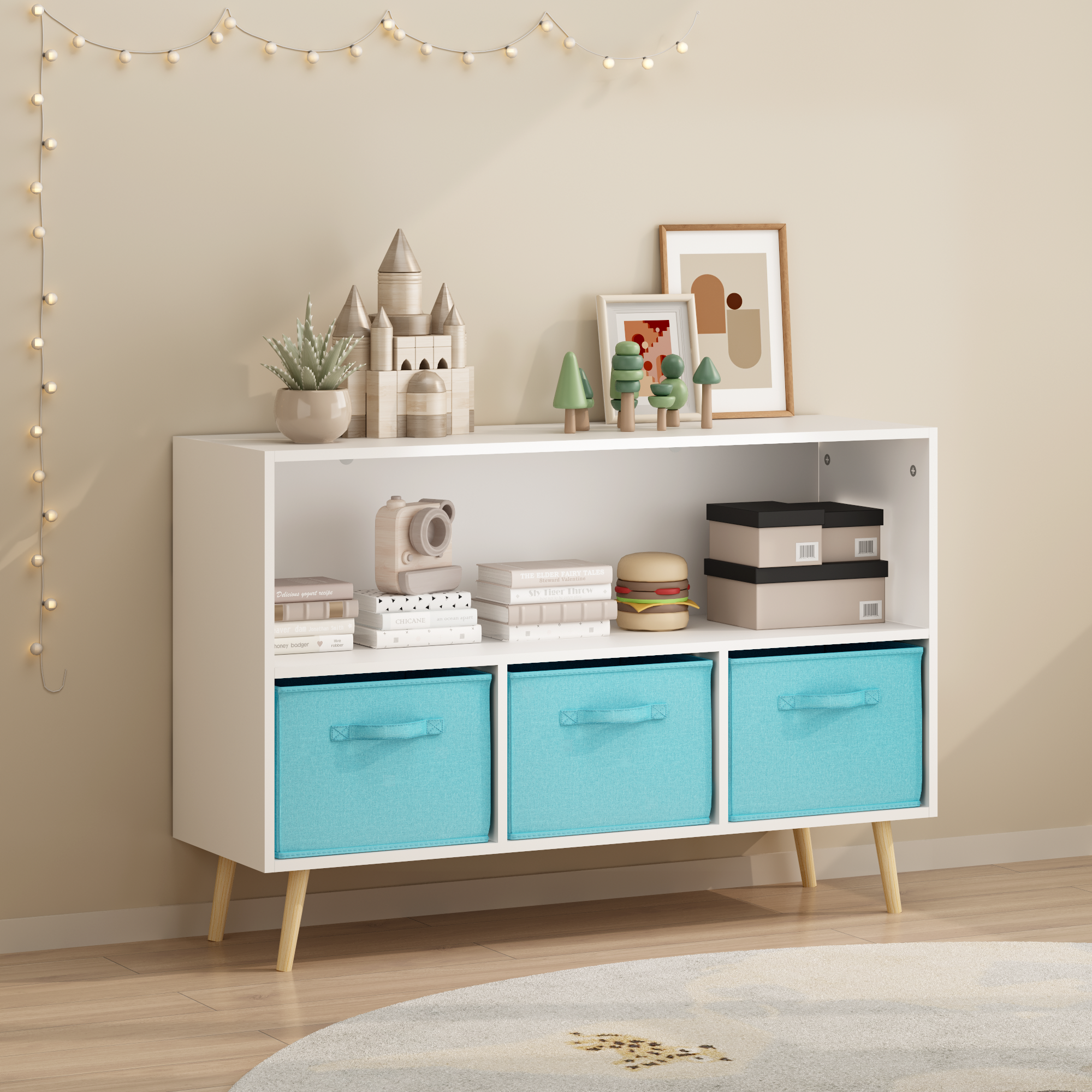 Kids bookcase with Collapsible Fabric Drawers, Children's Book Display, Toy Storage Cabinet Organizer, White/Blue - Grand Gol